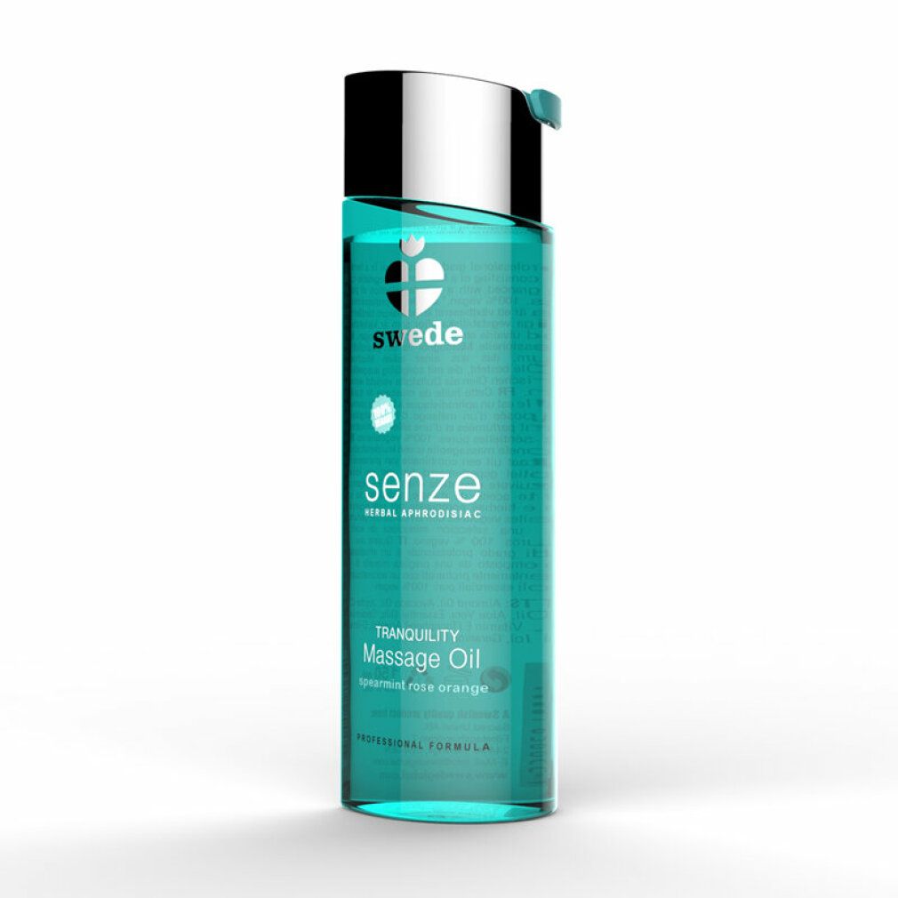 Flacone turchese con tappo argentato. Scritte: swede, senze, Massage Oil. Contiene menta verde, rosa, arancia.