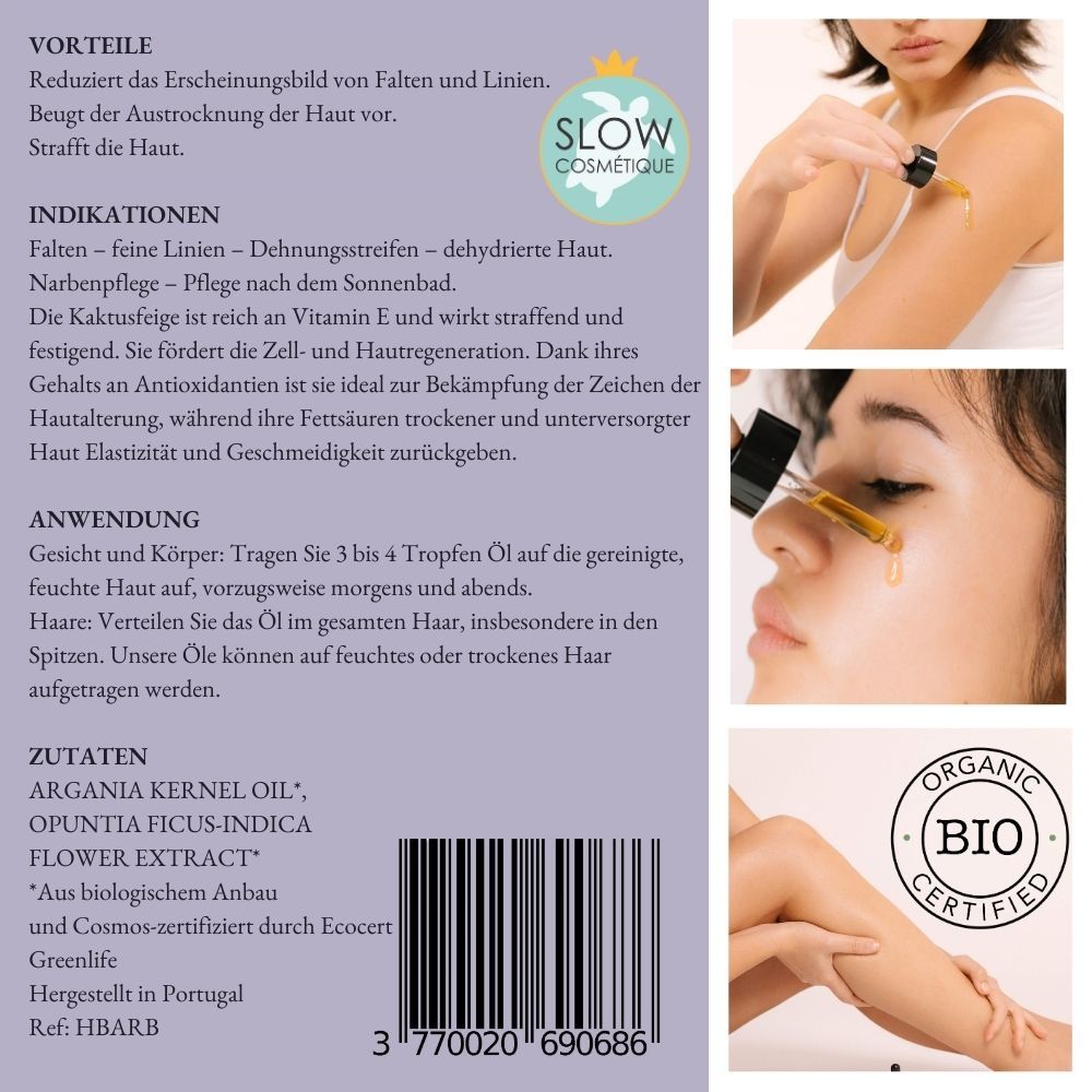 Descrizione prodotto con testo: Vantaggi, Indicazioni, Applicazione, Ingredienti. Certificazione Bio. Immagini: applicazione.