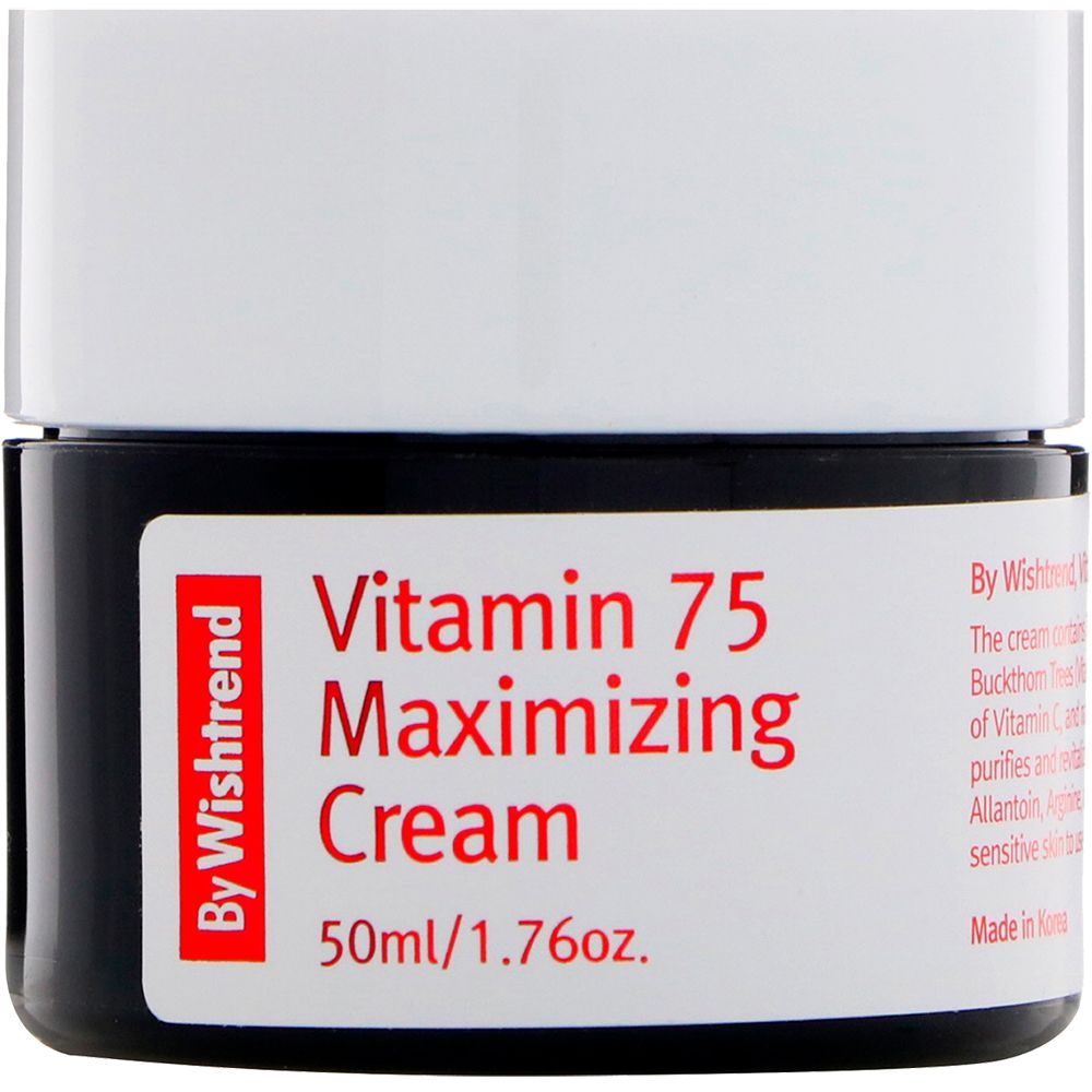 Vaso nero con coperchio bianco. Etichetta con testo rosso: Vitamin 75 Maximizing Cream. 50ml/1.76oz. Marchio: By Wishtrend.
