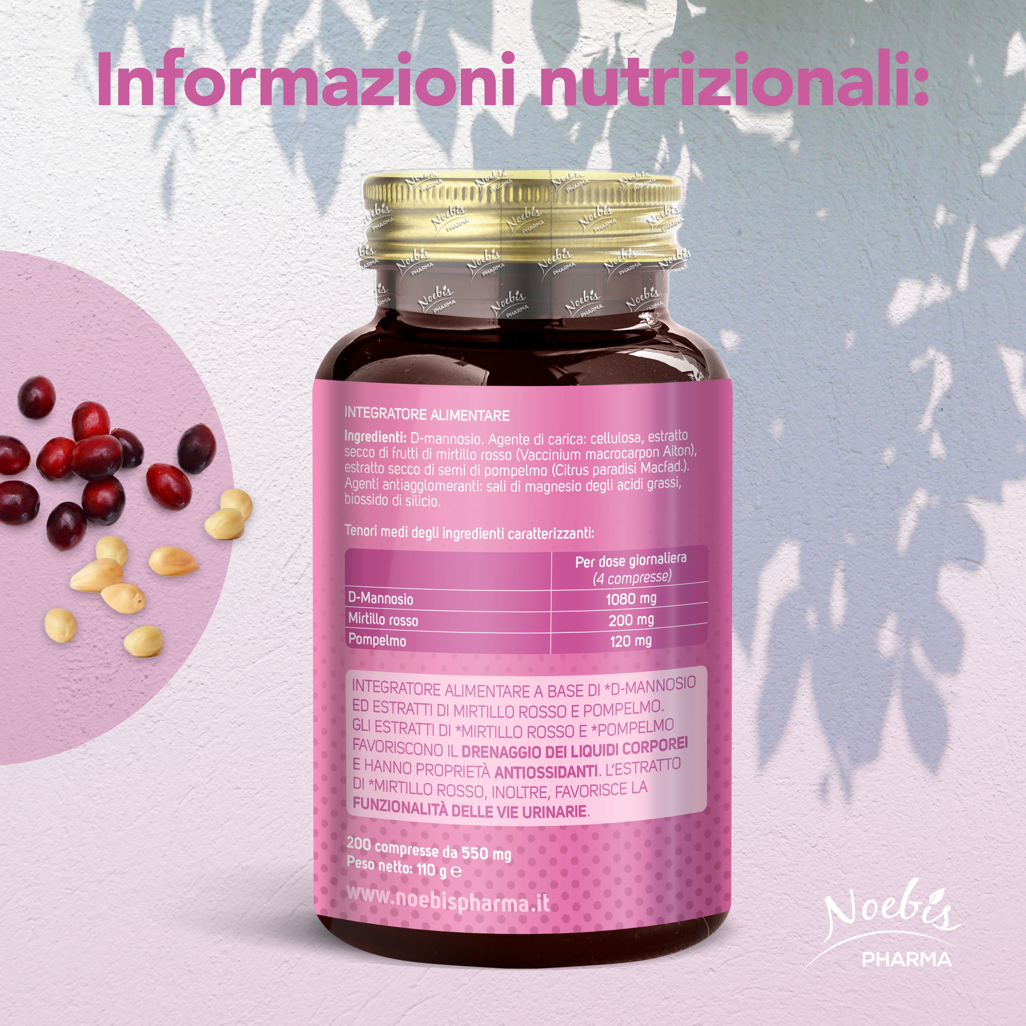 Retro di un flacone Noebis Pharma Cistimann con informazioni nutrizionali e ingredienti.