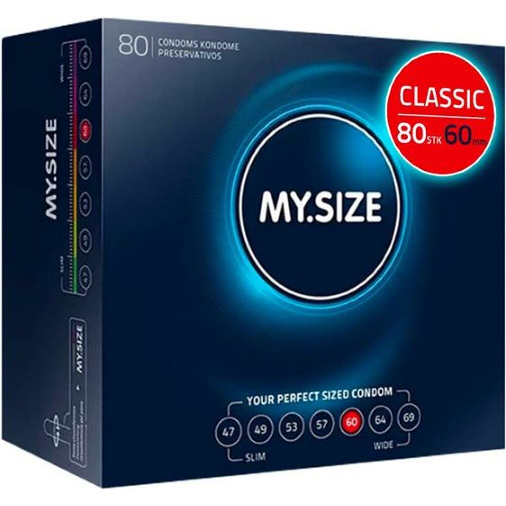 Scatola blu scuro MY.SIZE PRO, 80 preservativi, taglia 60 mm. Misure da 47 a 69 mm indicate.