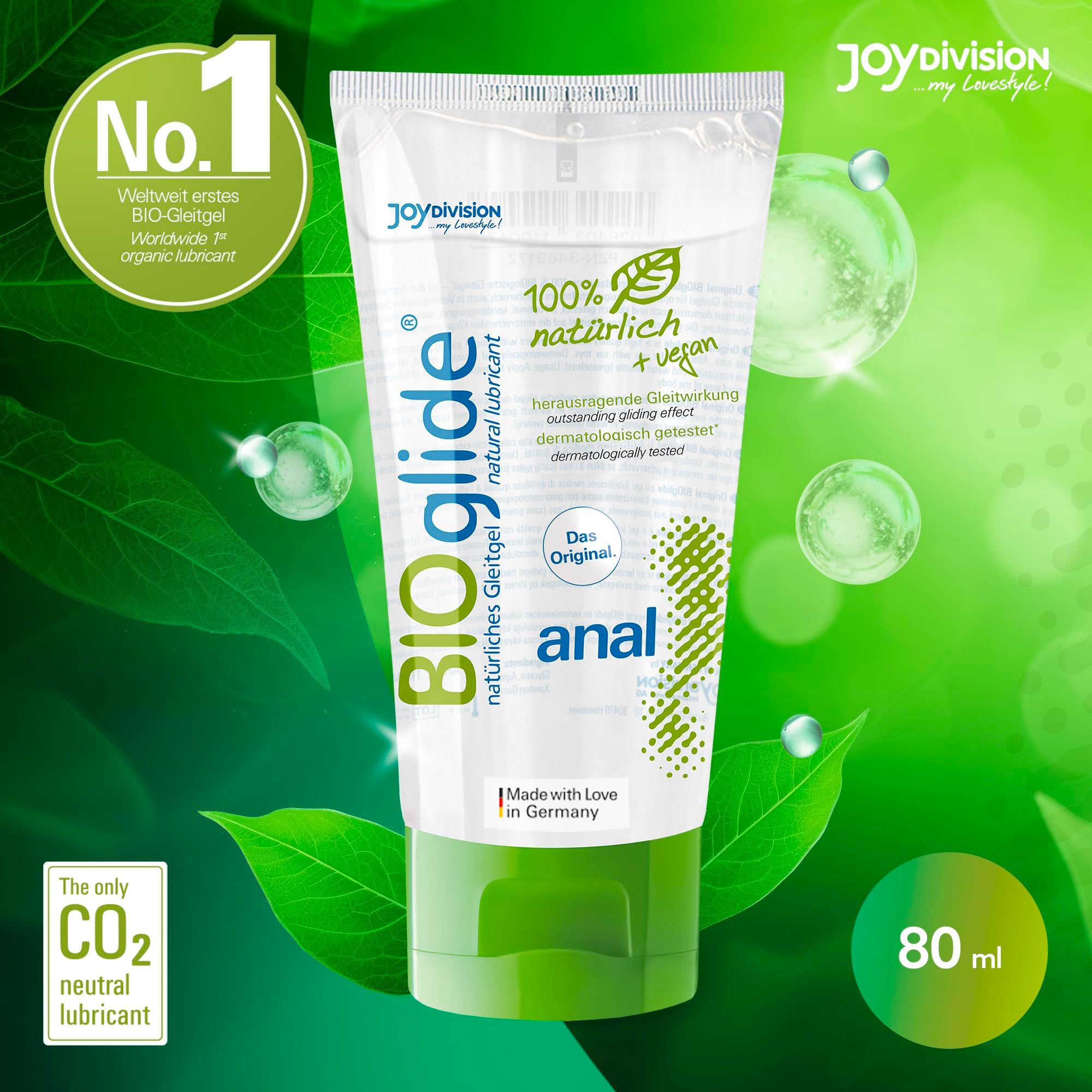 Tubo di gel lubrificante BIOglide con tappo verde. "Fatto con amore in Germania".
