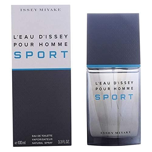 Flacone Issey Miyake L'Eau d'Issey pour Homme Sport. Tappo grigio, linea blu. Scritta SPORT.