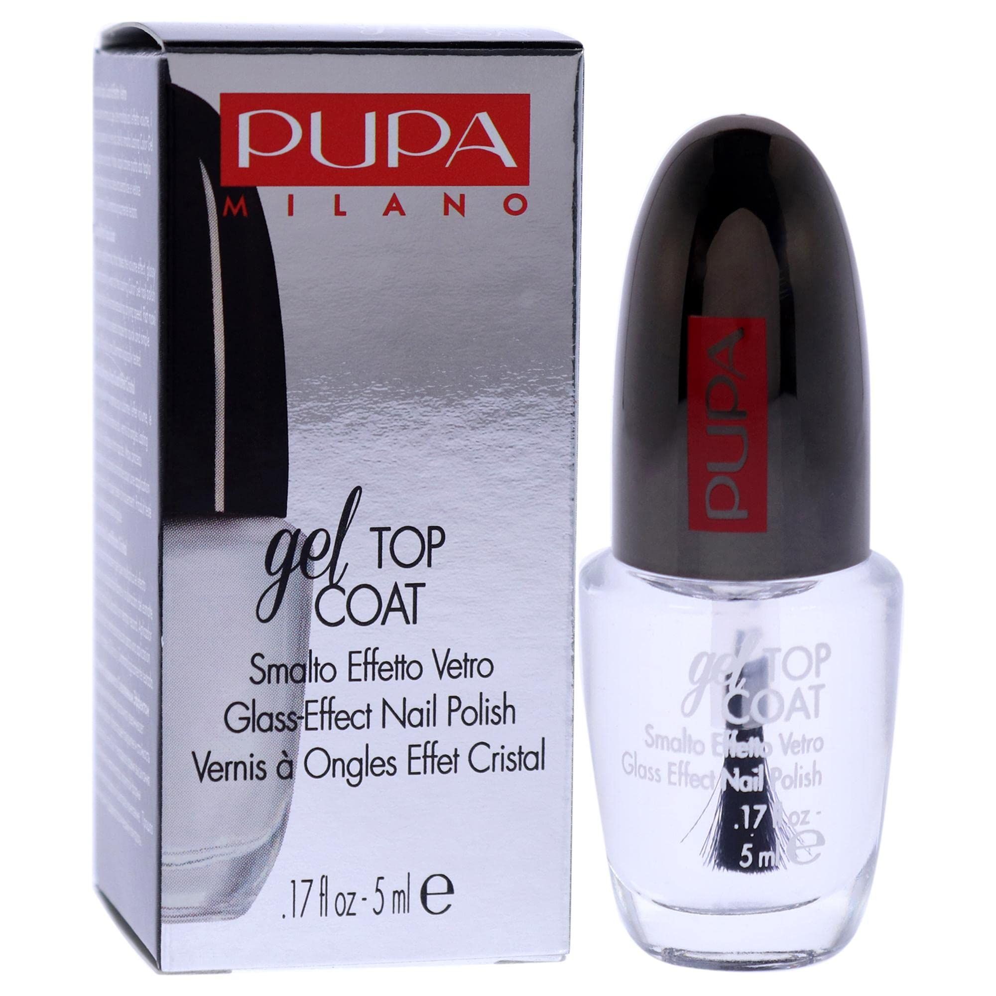 Flacone di smalto e confezione. Scritta: gel TOP COAT, Smalto Effetto Vetro, 5 ml. Logo Pupa. Confezione argentata.