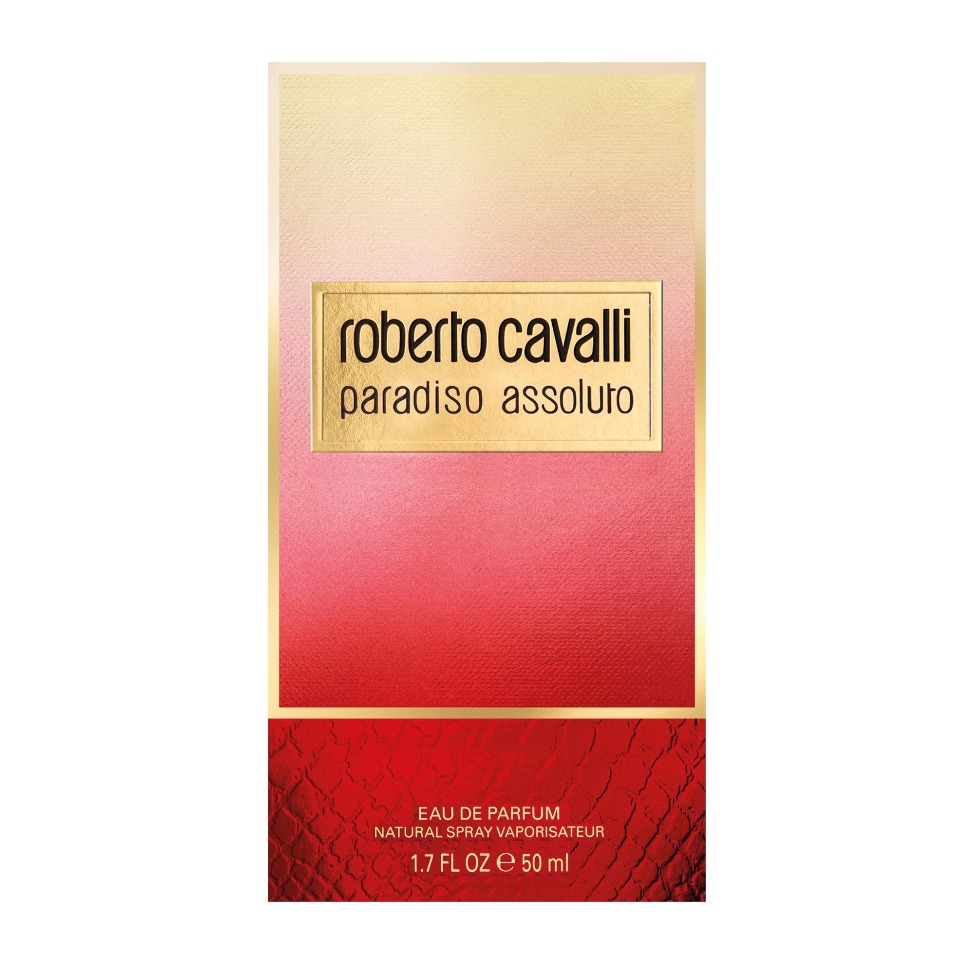 Confezione con sfumatura dal rosso al bianco. Scritta dorata: Roberto Cavalli Paradiso Assoluto. Testo: Eau de Parfum, 50 ml.