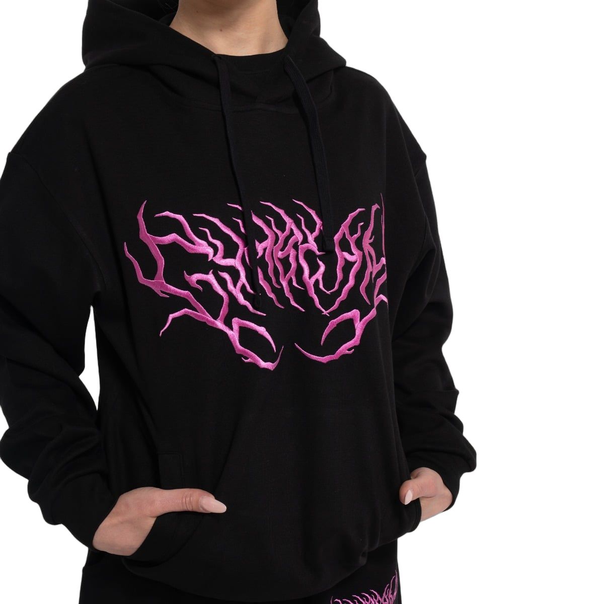 GymBeam Felpa donna Thorn oversize nera con cappuccio, tasca e logo tribale