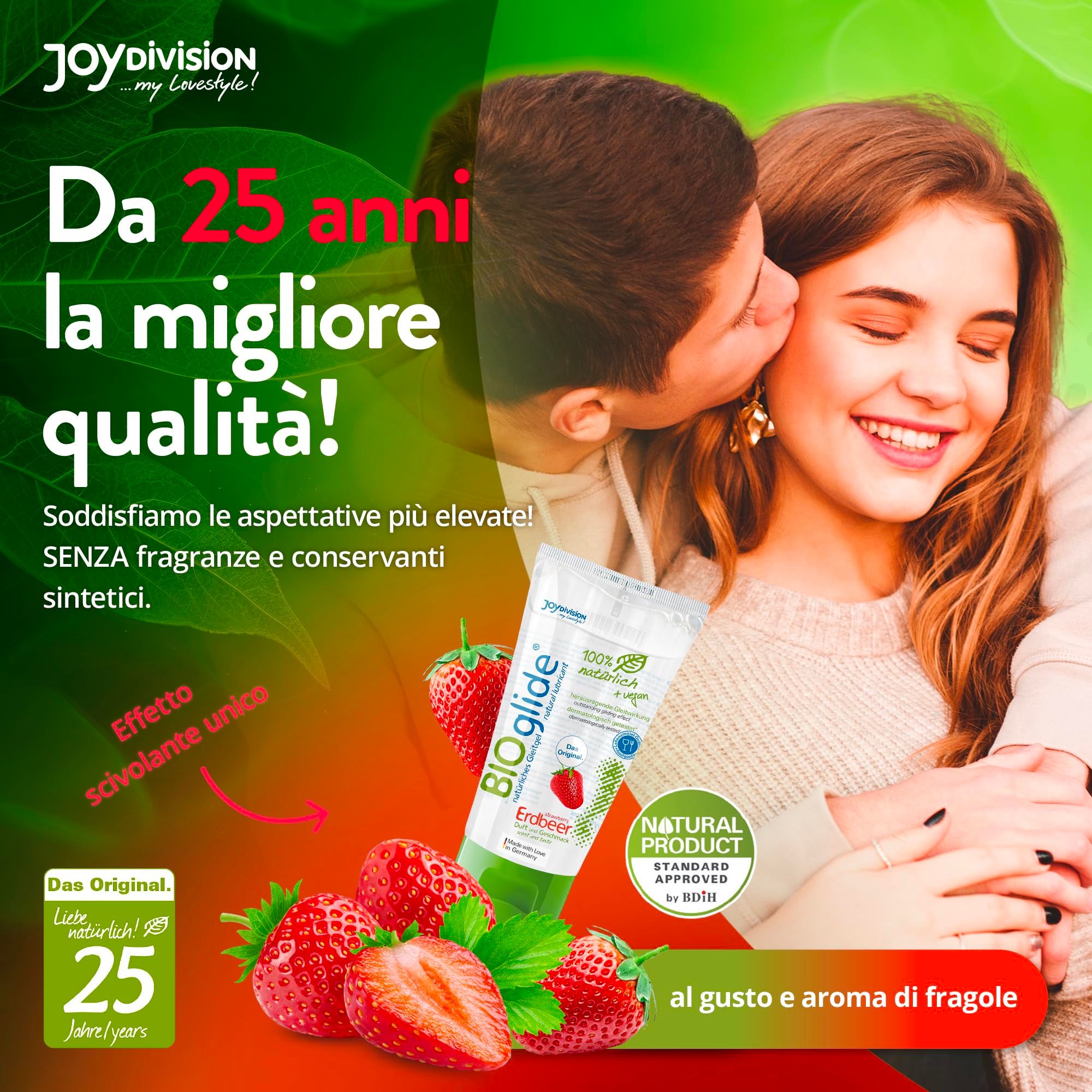 Tubo di gel lubrificante BIOglide Erdbeer con fragole. "Da 25 anni la migliore qualità!" e "al gusto e aroma di fragole".