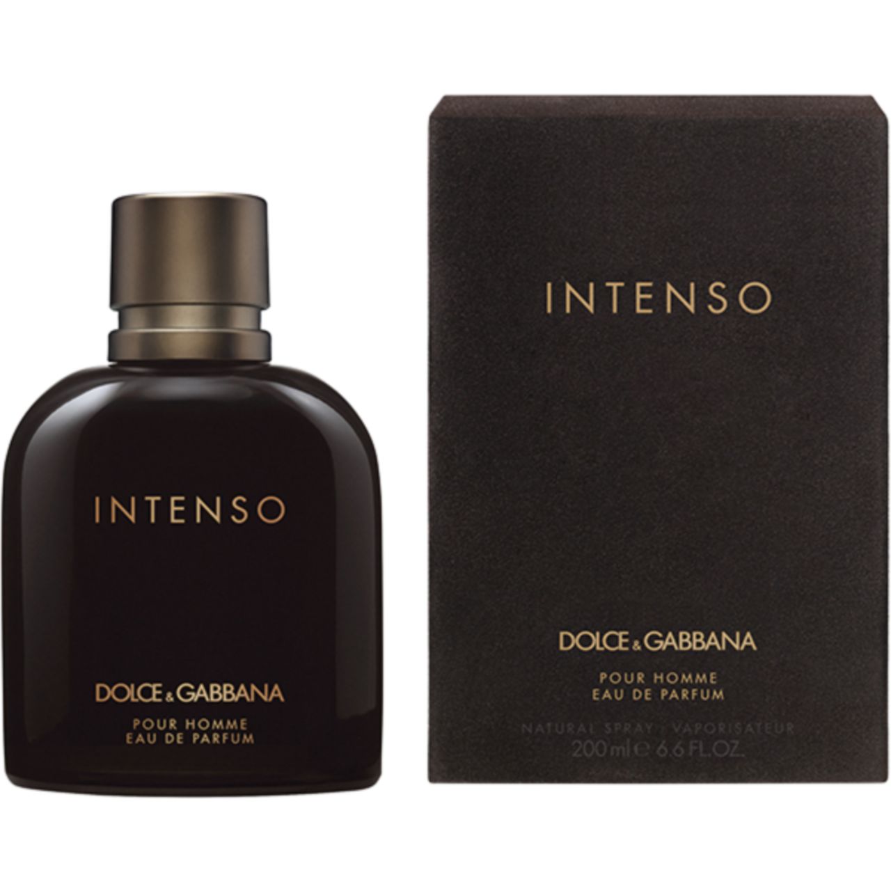 Flacone e scatola marrone scuro. Scritta INTENSO e DOLCE & GABBANA. Eau de Parfum.