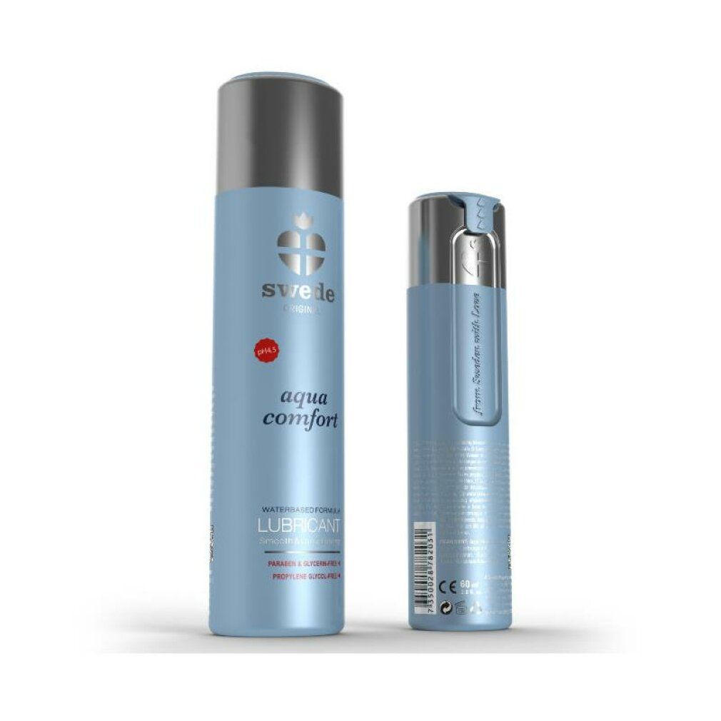 Due flaconi. Uno azzurro con tappo argentato, l'altro più piccolo. Scritta: aqua comfort, LUBRICANT. Marchio Swede.