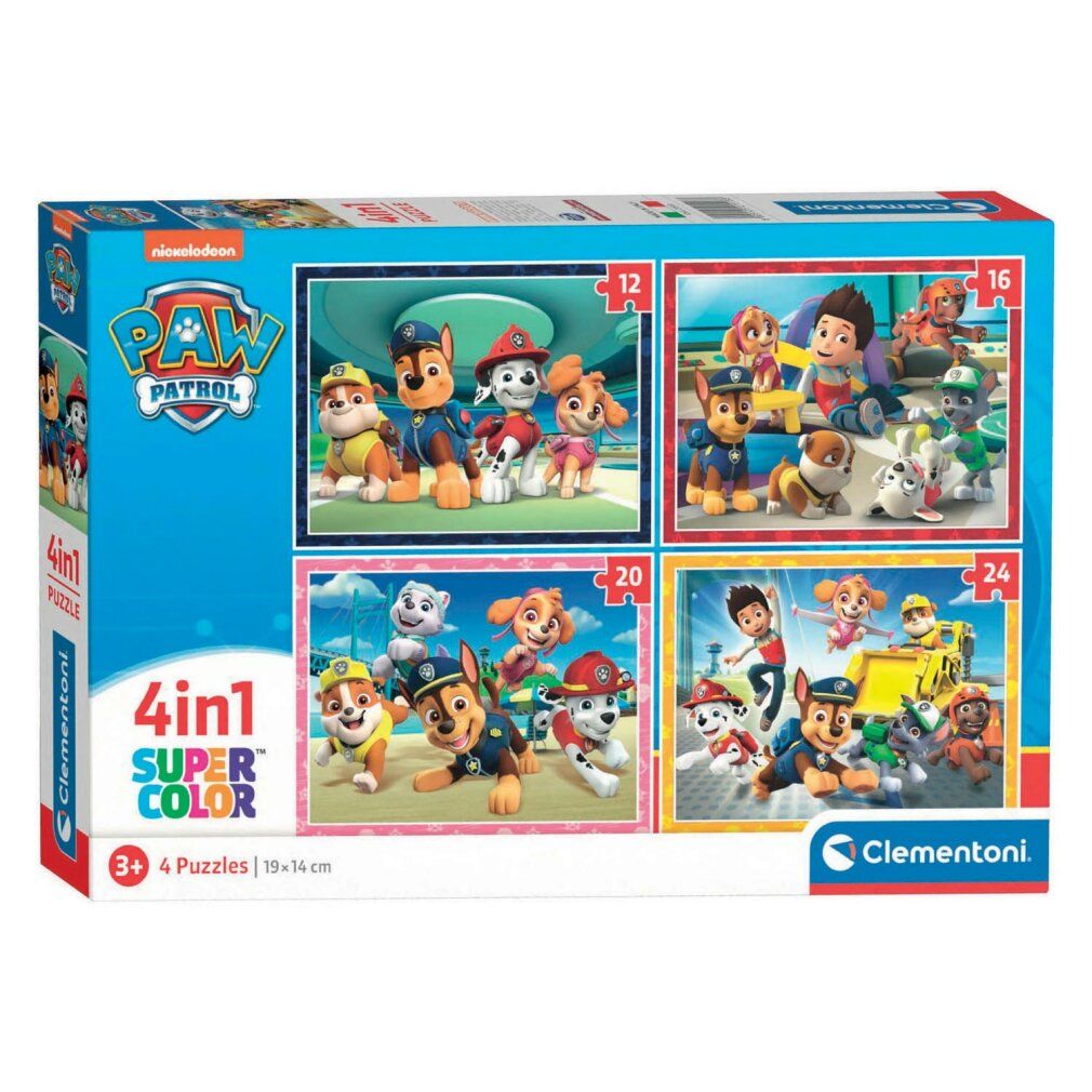 Puzzle con quattro personaggi di Paw Patrol. I personaggi sono raffigurati su sfondo blu. La cornice è blu.