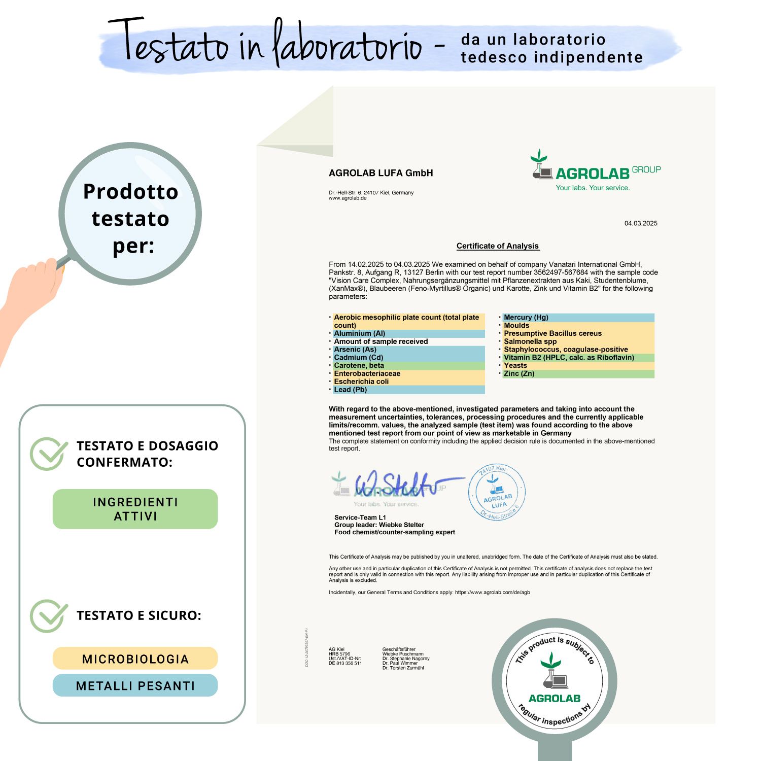 Certificato di Agrolab LUFA GmbH. Conferma dell'analisi di Vision Care Complex. Testato su ingredienti e microbiologia.