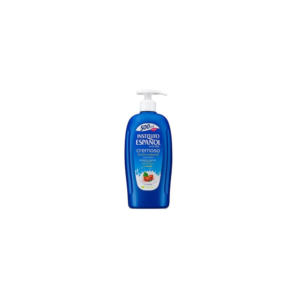 Flacone blu con dosatore bianco. Scritta: Instituto Español, crema corpo. Contenuto 500ml.