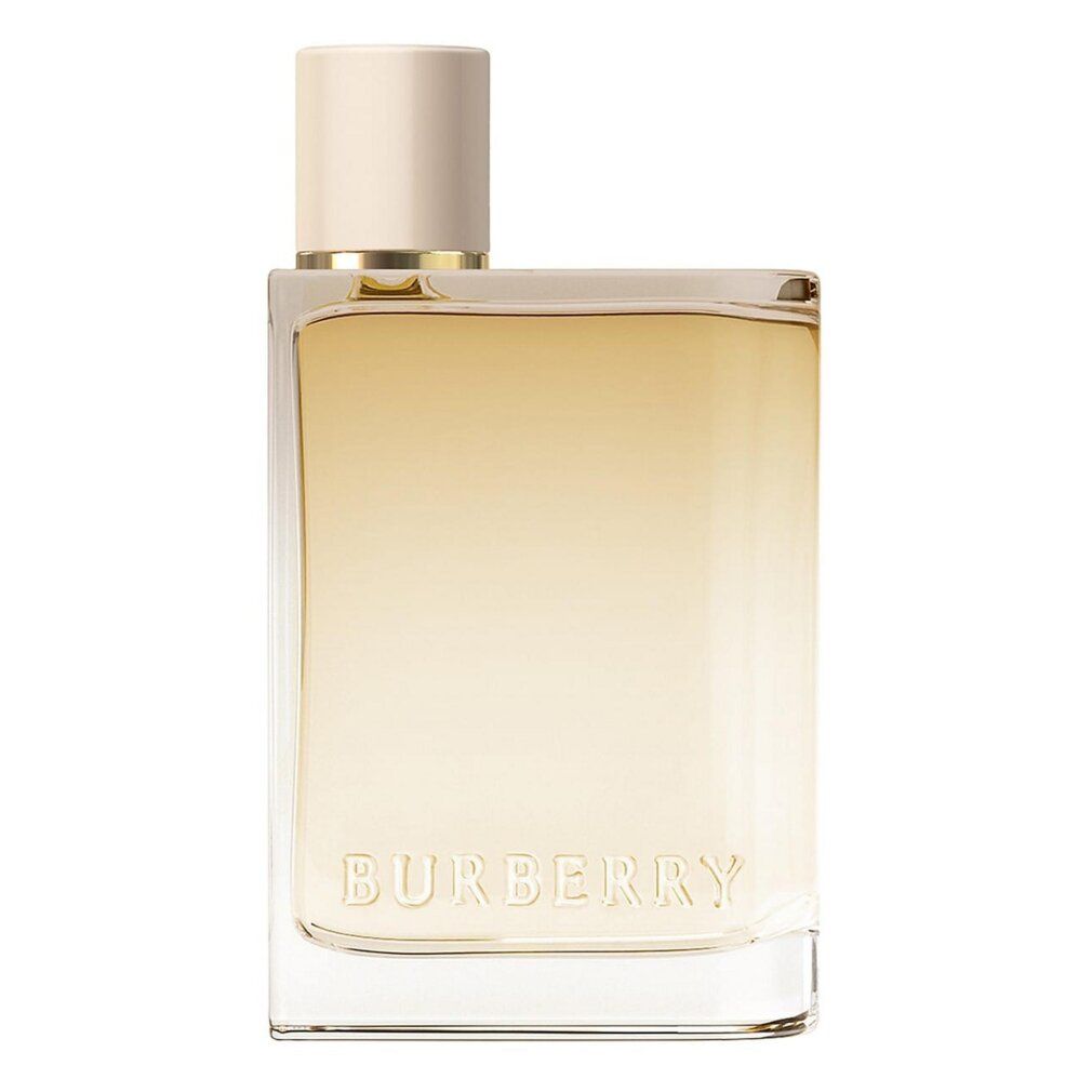 Flacone Burberry Her London Dream. Quadrato, trasparente, liquido dorato. Tappo bianco.