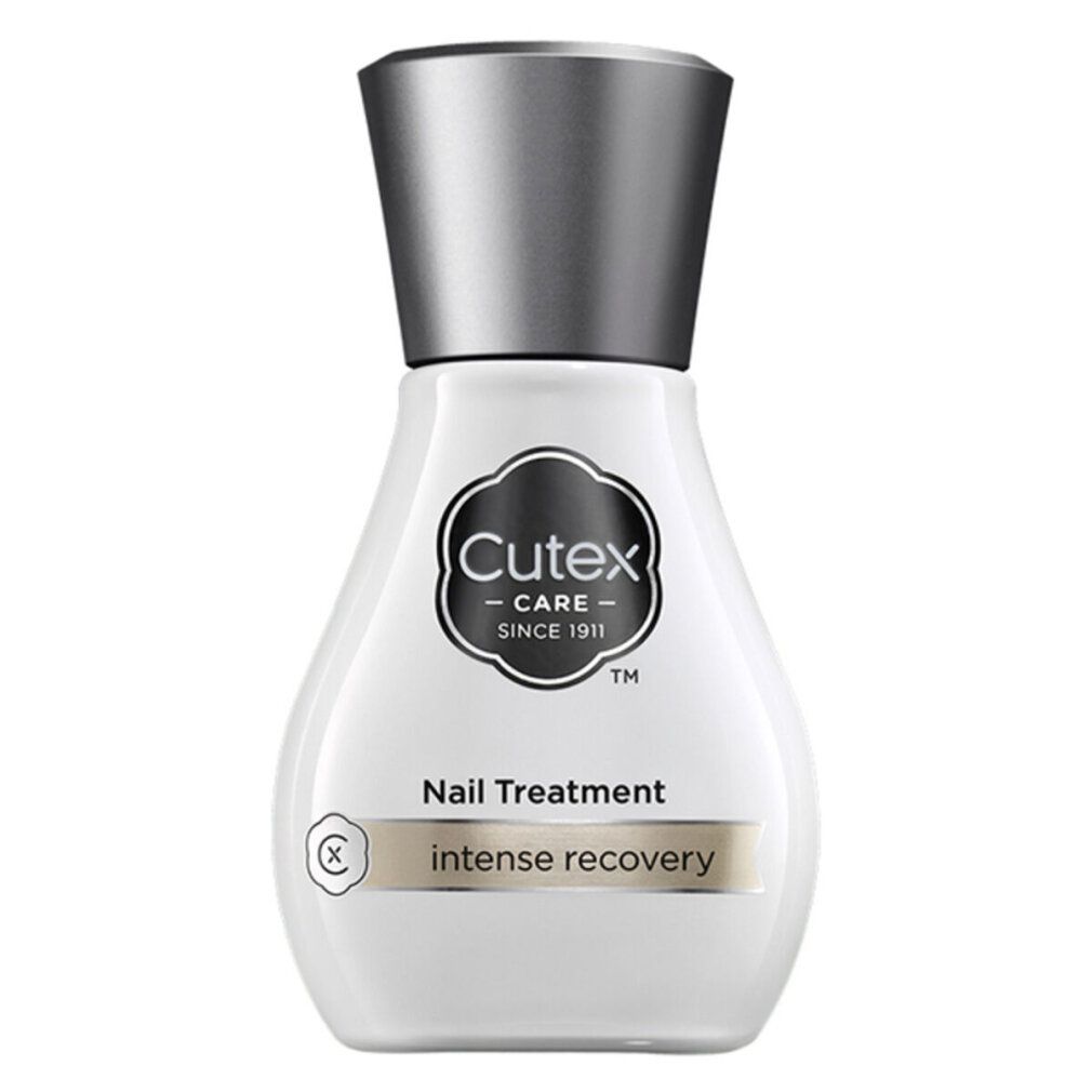 Trattamento unghie Cutex Care. Flacone con tappo argentato. Scritta: Intense Recovery. Flacone bianco.