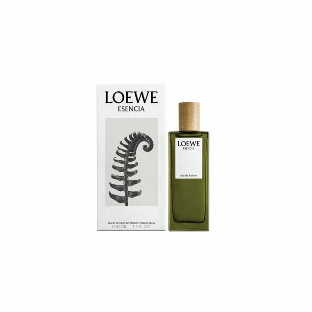 Flacone verde con tappo in legno e confezione. Confezione con illustrazione di felce e testo: LOEWE ESENCIA.