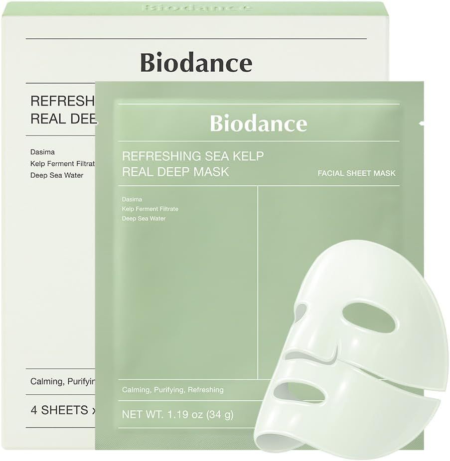 Confezione del prodotto con maschera. Testo: Refreshing Sea Kelp Real Deep Mask, Facial Sheet Mask, 4 Sheets.
