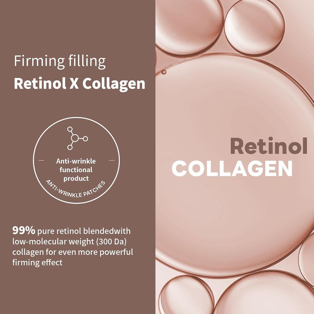 Testo "Retinol Collagen" e "Anti-Wrinkle Patches". Gocce di liquido. Testo: 99% retinolo puro.