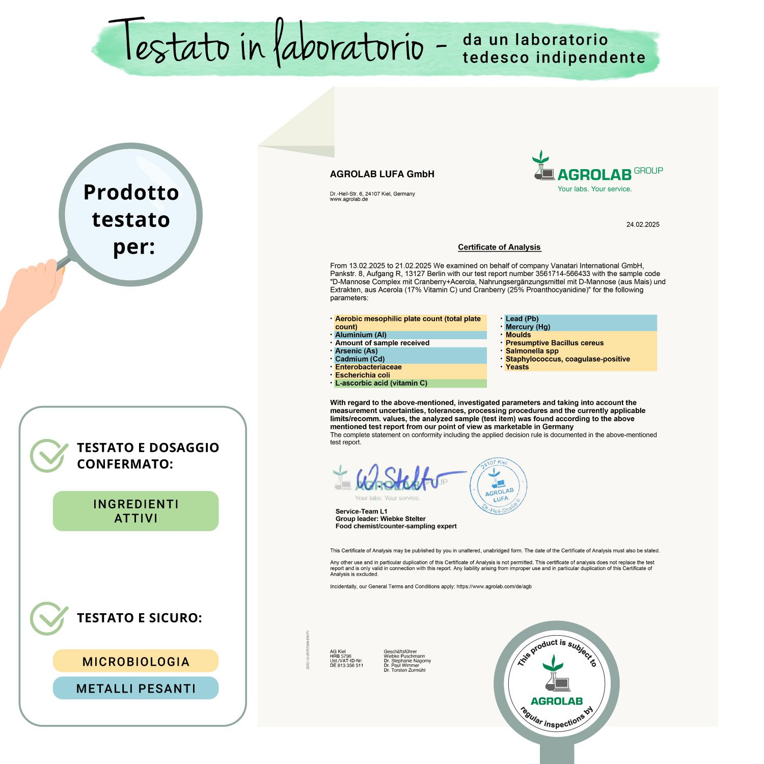 Certificato di Agrolab. Testato e dosaggio confermato: Ingredienti attivi. Testato e sicuro: Microbiologia (metalli pesanti).