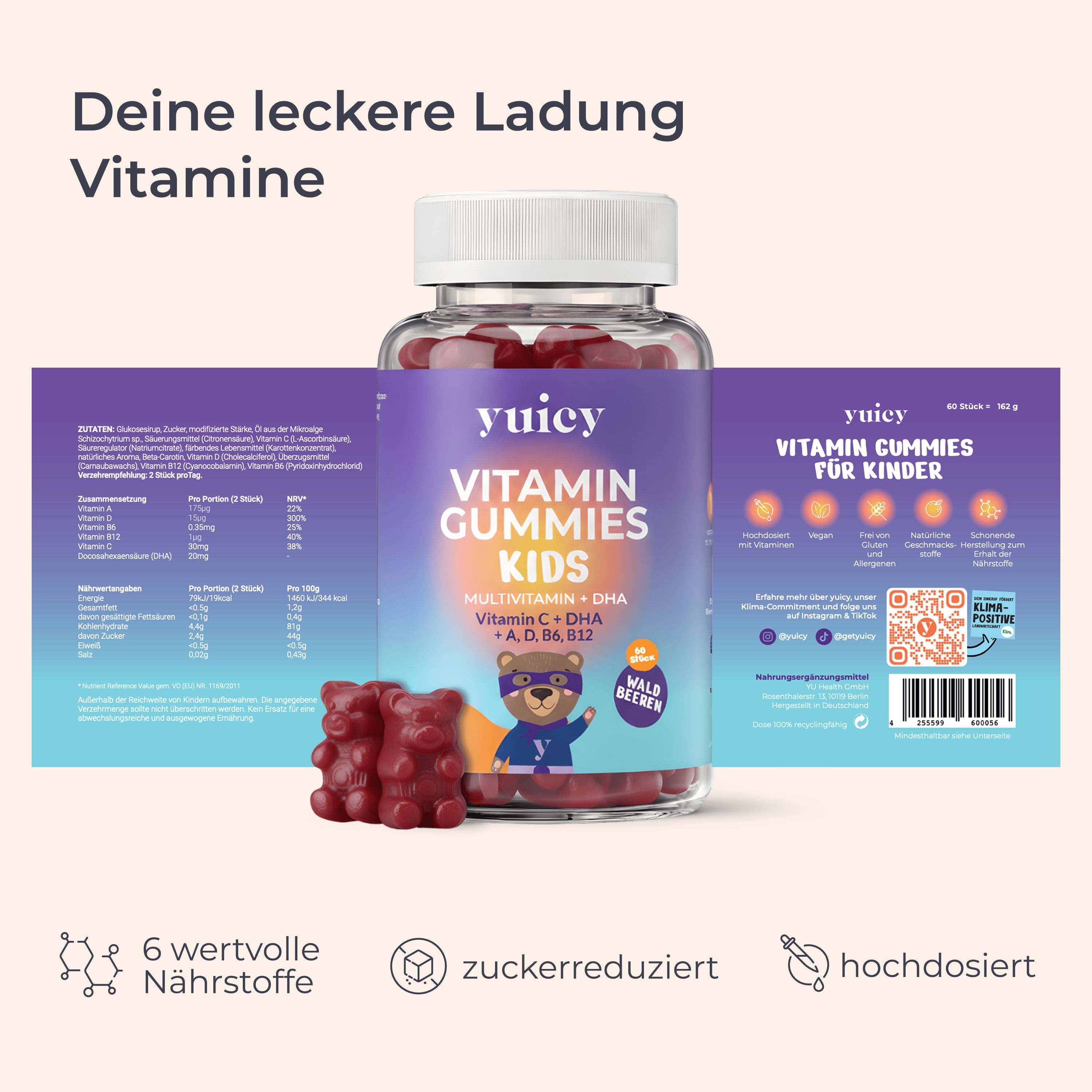 Bottiglia yuicy® Vitamin Gummies Kids con orsetti gommosi. Scritta: Vitamin Gummies Kids. Informazioni aggiuntive e valori nutrizionali.