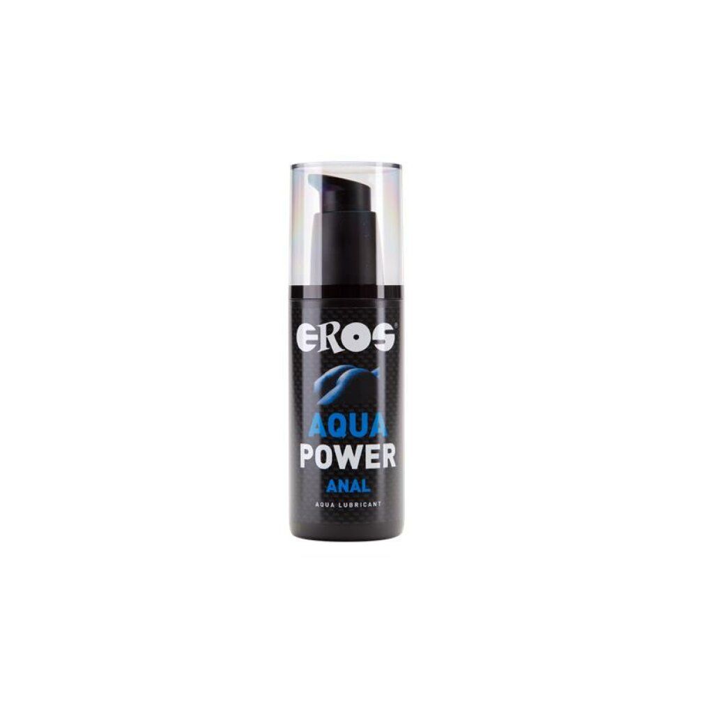 Flacone nero con pompa. Scritta: EROS, AQUA POWER, ANAL. Aqua Lubricant.