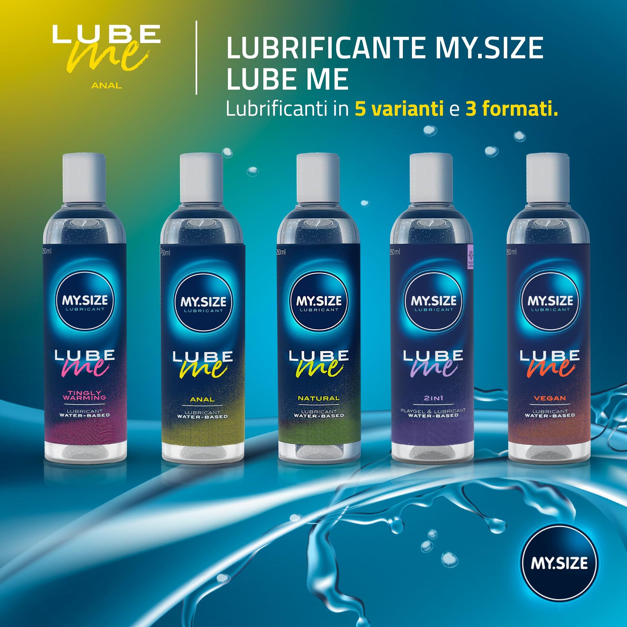 Cinque flaconi di gel lubrificante MY.SIZE LUBE ME Anal in diverse varianti e formati.