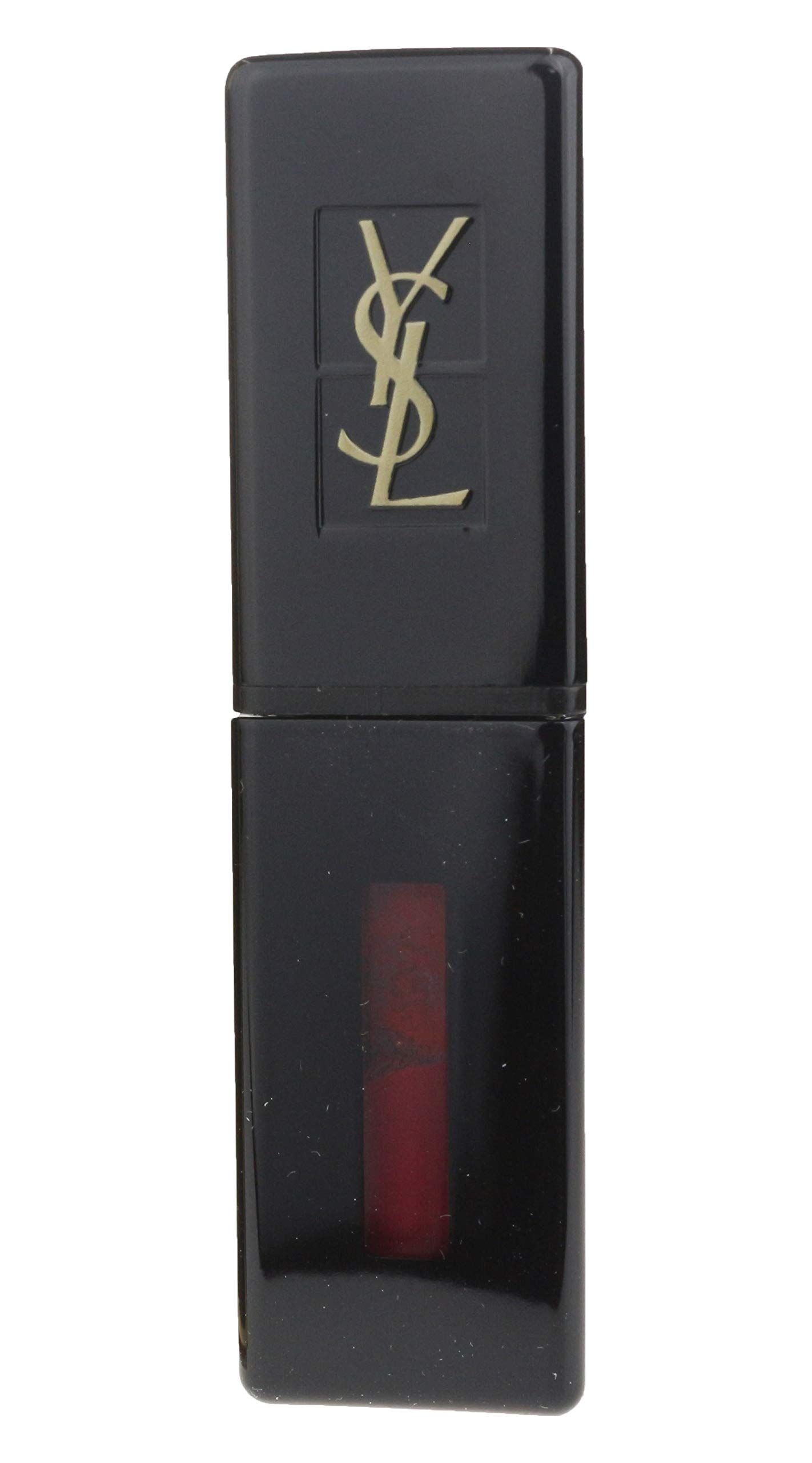 Contenitore rossetto nero chiuso con logo YSL dorato. Balsamo bordeaux visibile.