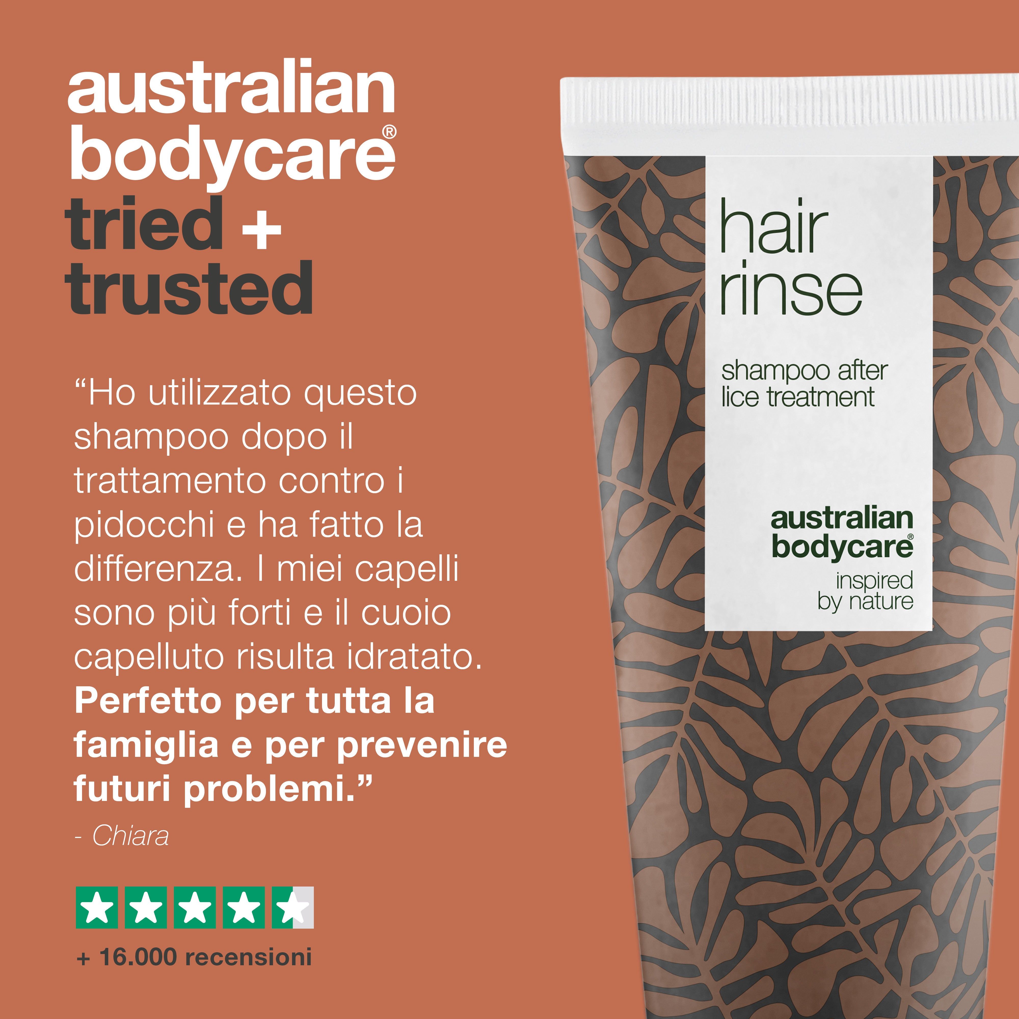 Tubo bianco. Scritta: hair rinse, shampoo after lice treatment, Australian Bodycare, inspired by nature. Accanto, del testo.
