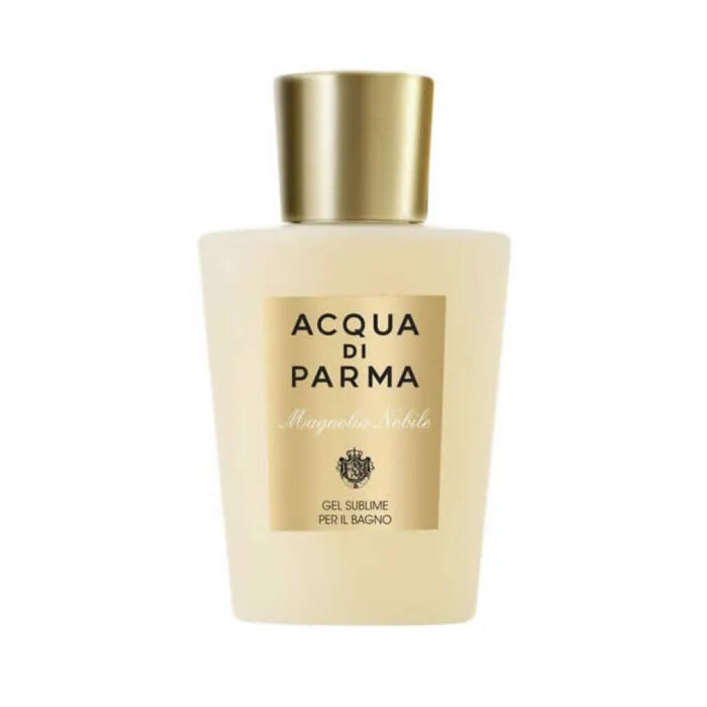 Flacone beige con tappo dorato. Etichetta con testo: Acqua di Parma, Magnolia Nobile. Gel Sublime Per Il Bagno.