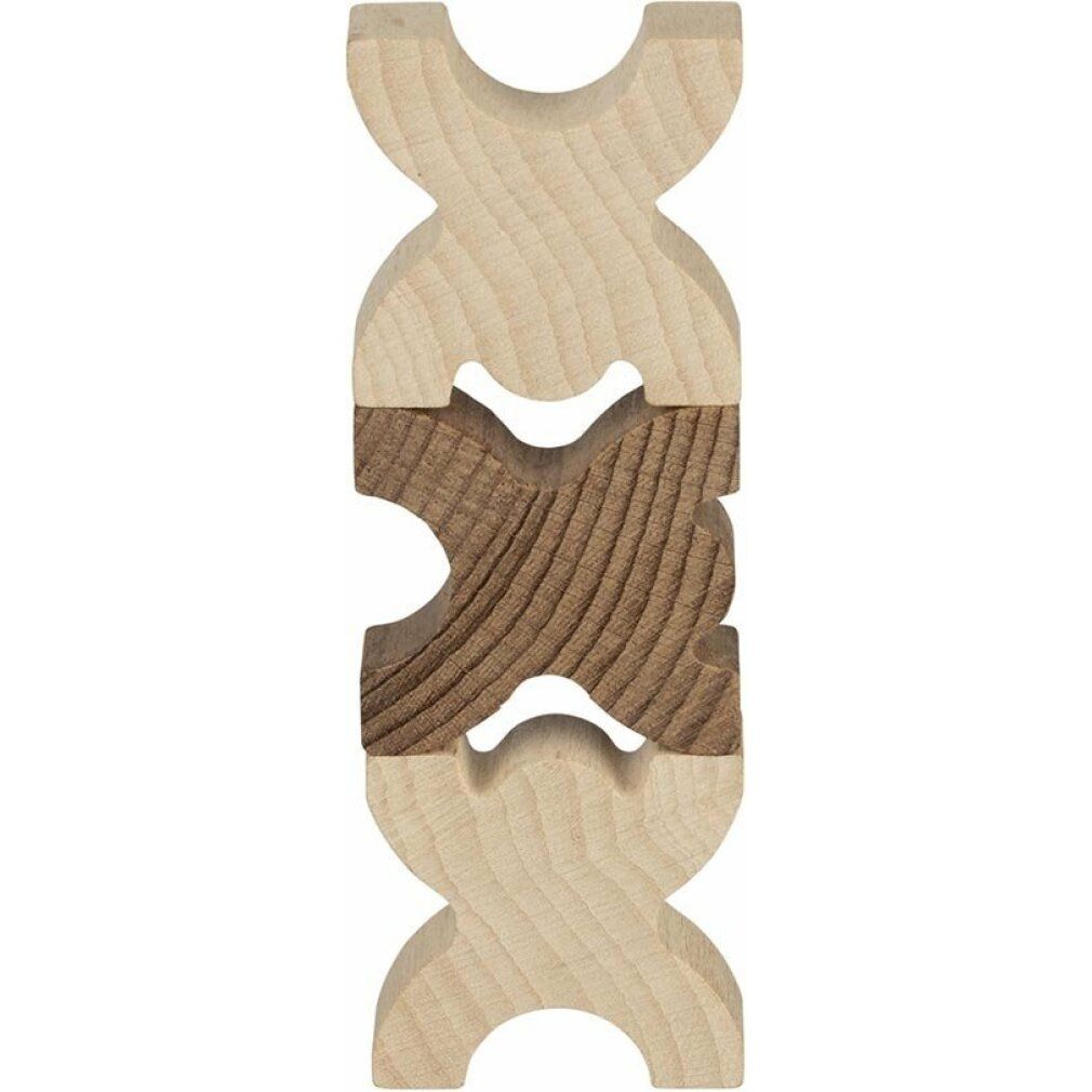 Tre figure in legno chiaro e marrone scuro, impilate. Forma a X, per un gioco di equilibrio.