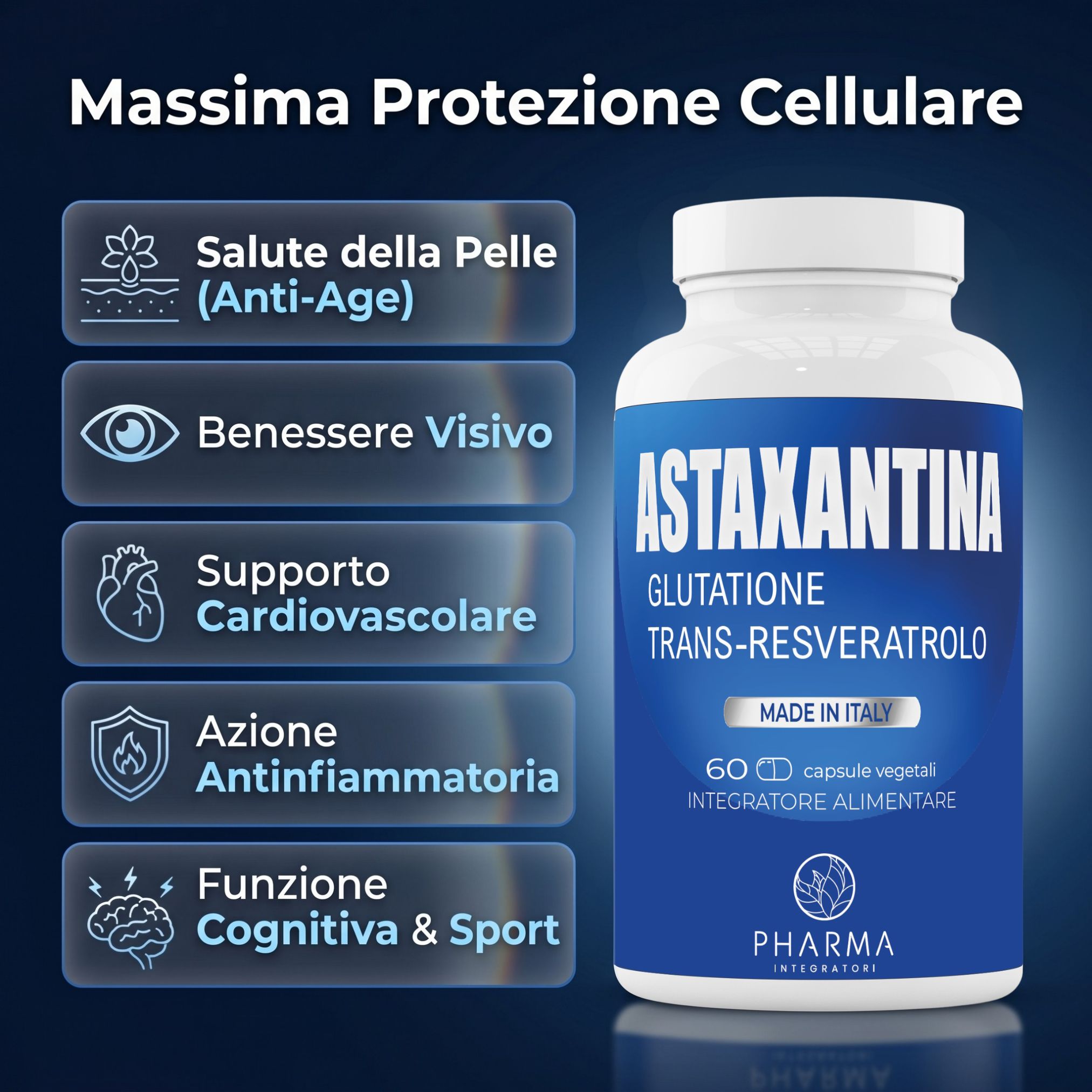 Astaxantina 8 mg, Glutatione 10 mg, Trans-Resveratrolo 10 mg. Alto dosaggio.