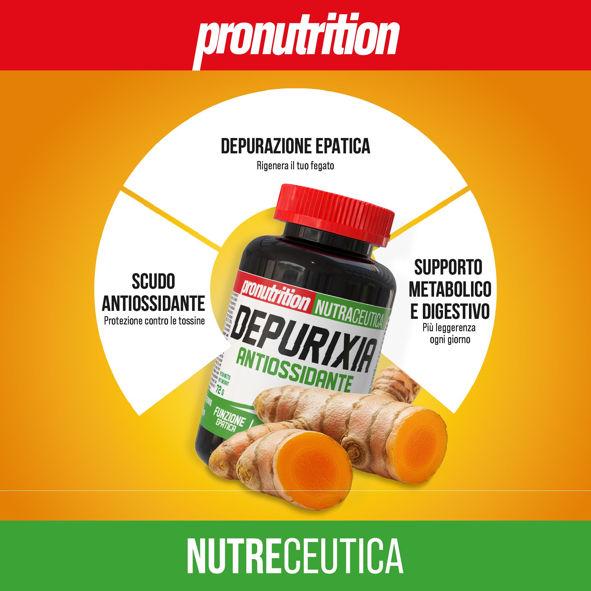 Flacone nero con tappo rosso. Scritta: Depurixia, antiossidante. Sfondo giallo con grafiche e zenzero.