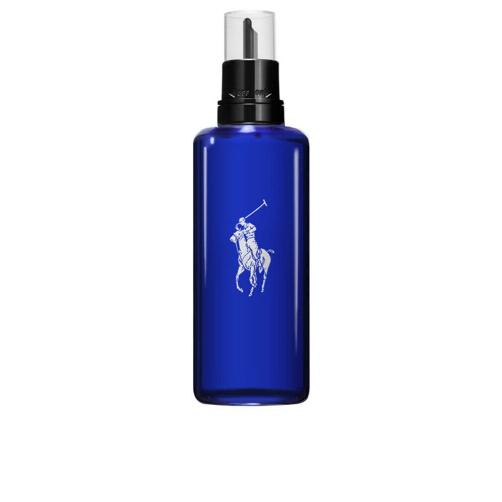 Flacone blu con vaporizzatore. Logo cavaliere. Chiusura nera. Erogatore trasparente.