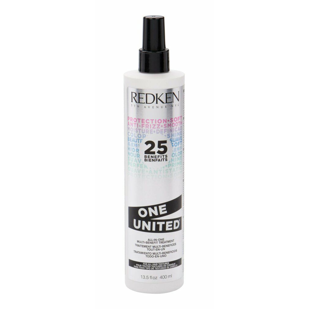 Flacone cilindrico con vaporizzatore. Scritte: Redken, One United, 25 Benefits. Etichette argentate e nere.