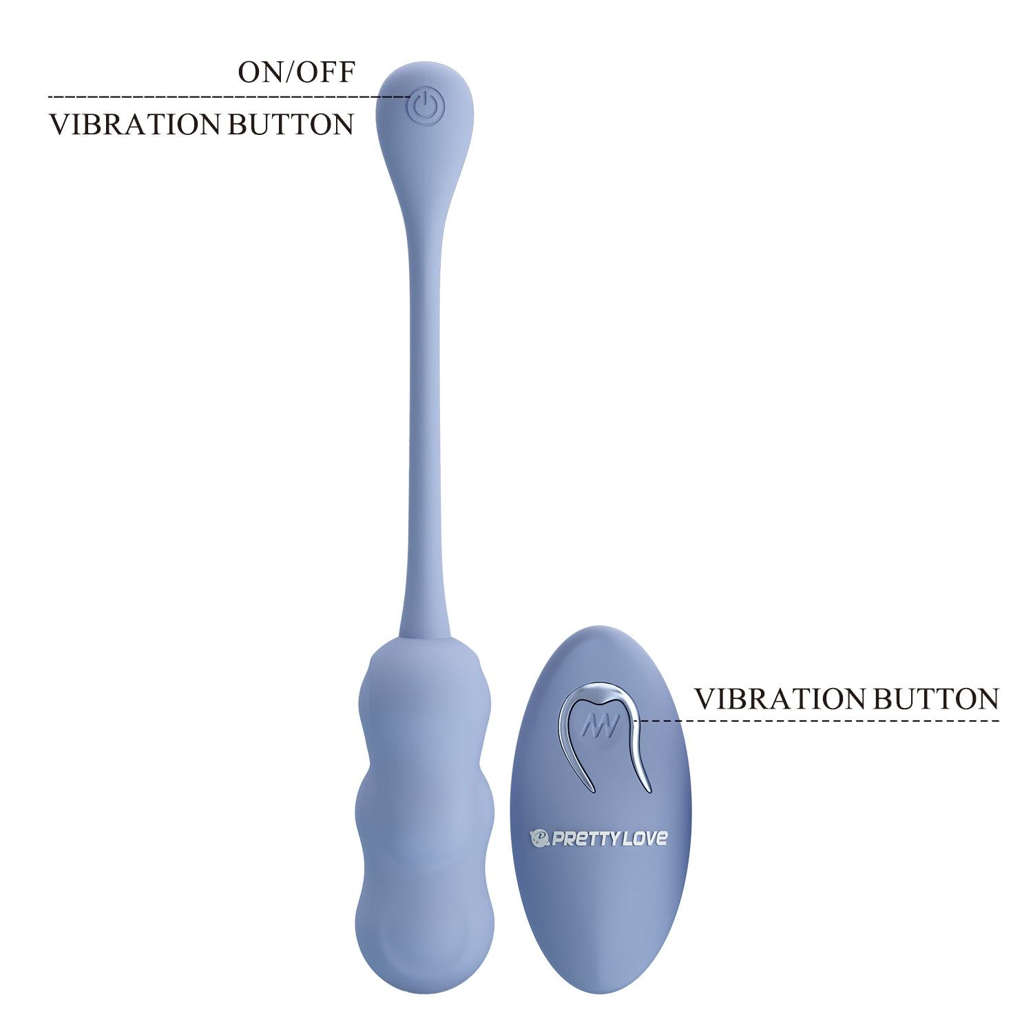 Prodotto benessere azzurro con asta allungata e telecomando. Iscrizioni: ON/OFF, Vibration Button. Logo.