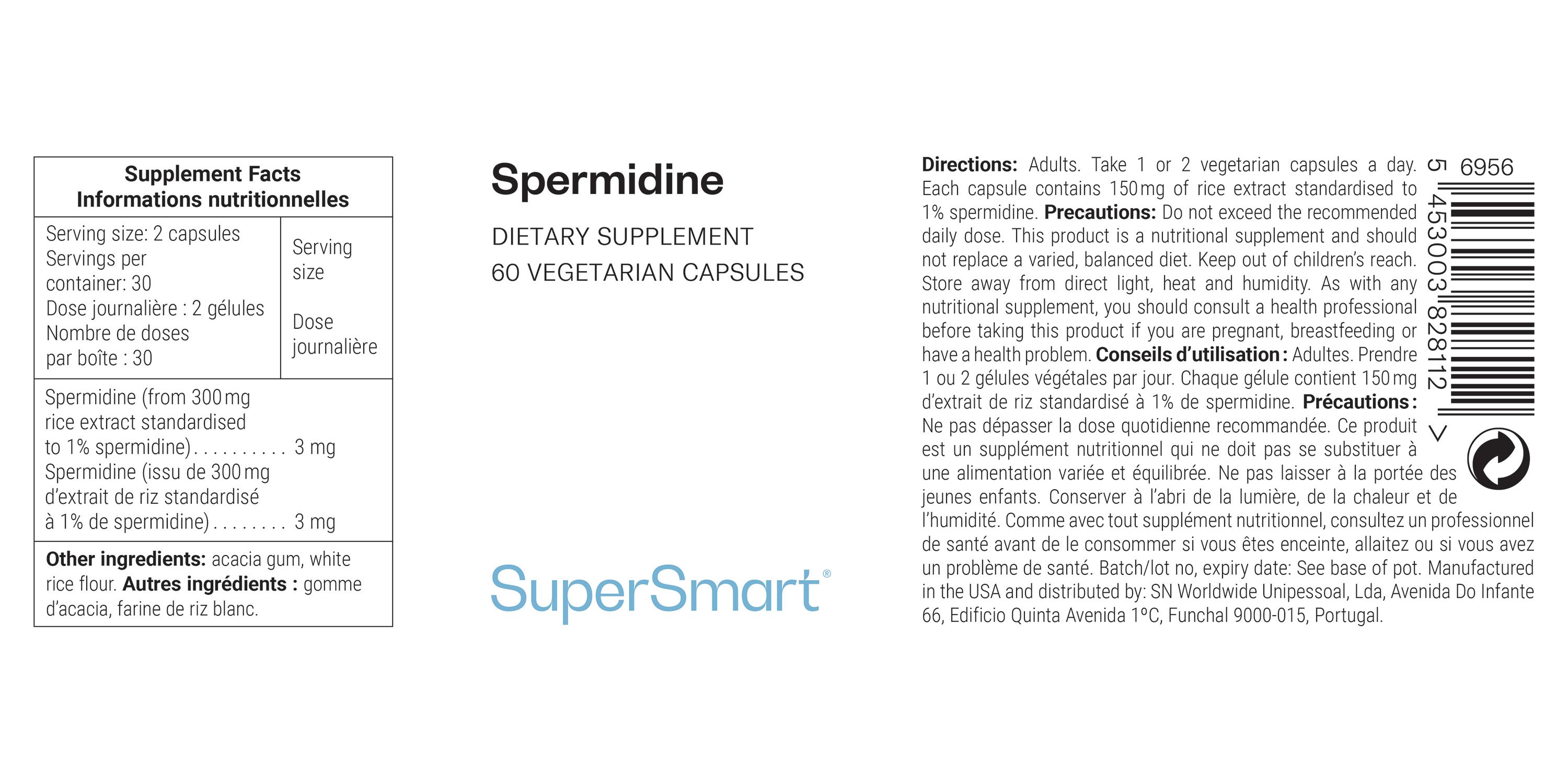 Integratore alimentare Spermidina, 60 capsule vegetariane. Logo SuperSmart. Testo con informazioni nutrizionali e istruzioni per l'uso.