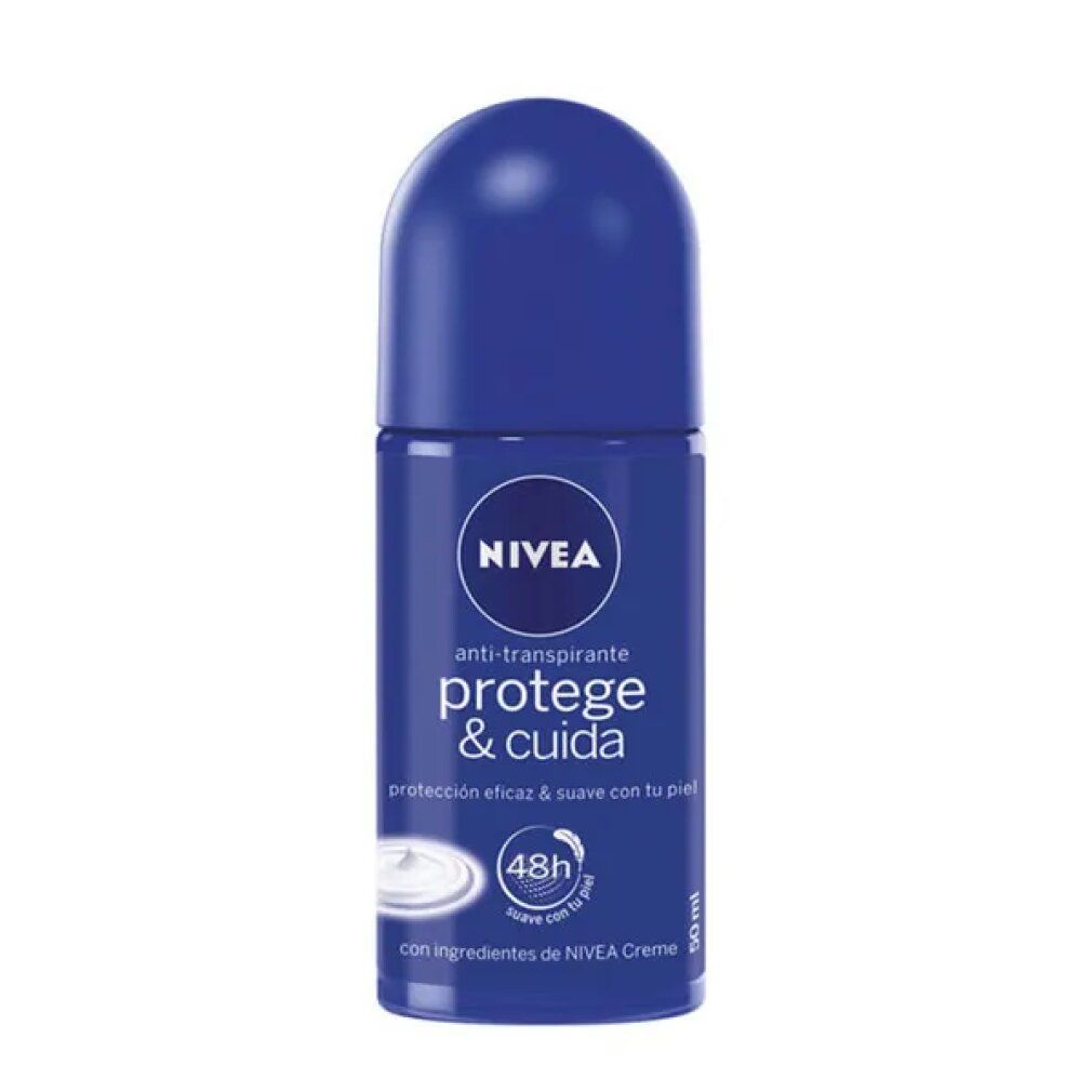 Roll-on deodorante blu Nivea. Scritta bianca: "Protege & cuida". Protezione 48h. Contenuto 50 ml.