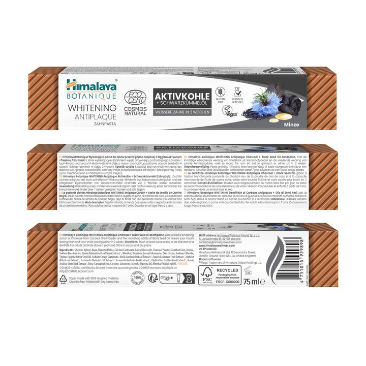 Confezione del dentifricio Himalaya Botanique Whitening Antiplaque Carbone + Olio di Nigella.