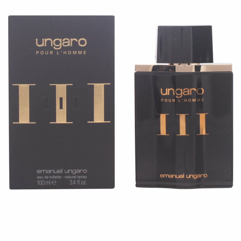 Flacone e scatola neri. Sul flacone, "ungaro POUR L'HOMME III". Sulla scatola, "emanuel ungaro eau de toilette".