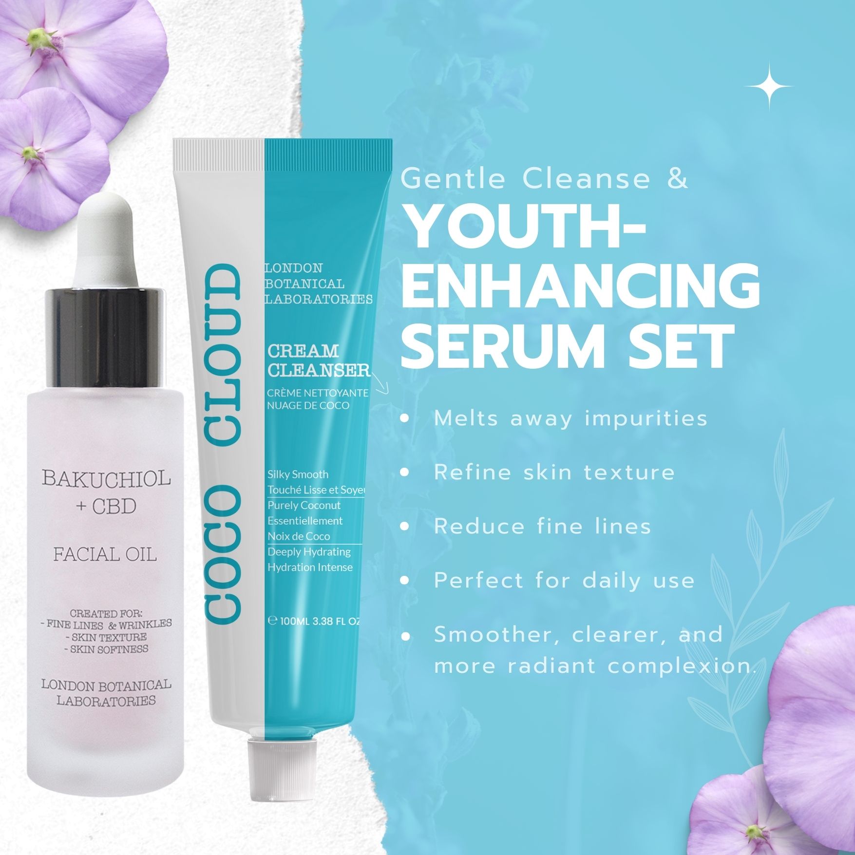Olio viso e crema detergente. Flacone con pipetta e tubetto. Scritte: Bakuchiol + CBD, Coco Cloud, London Botanical Laboratories. Testo.