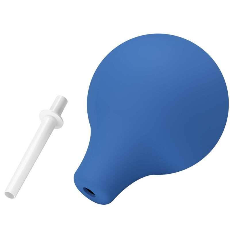 Doccia anale blu con applicatore bianco, isolata.