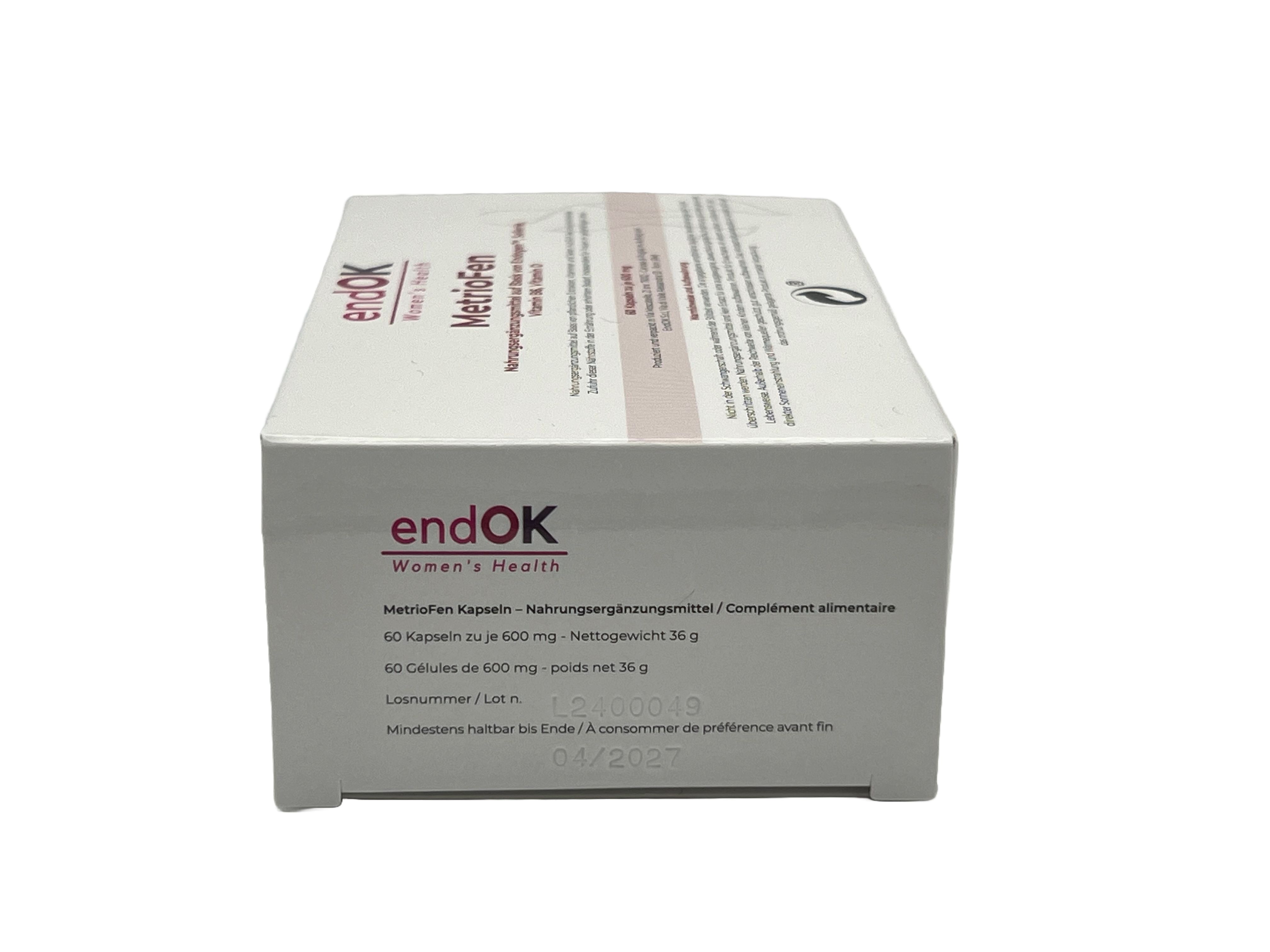 Scatola bianca con informazioni sul prodotto. Scritto: endOK, MetrioFen, 60 capsule. Testo in tedesco e francese.