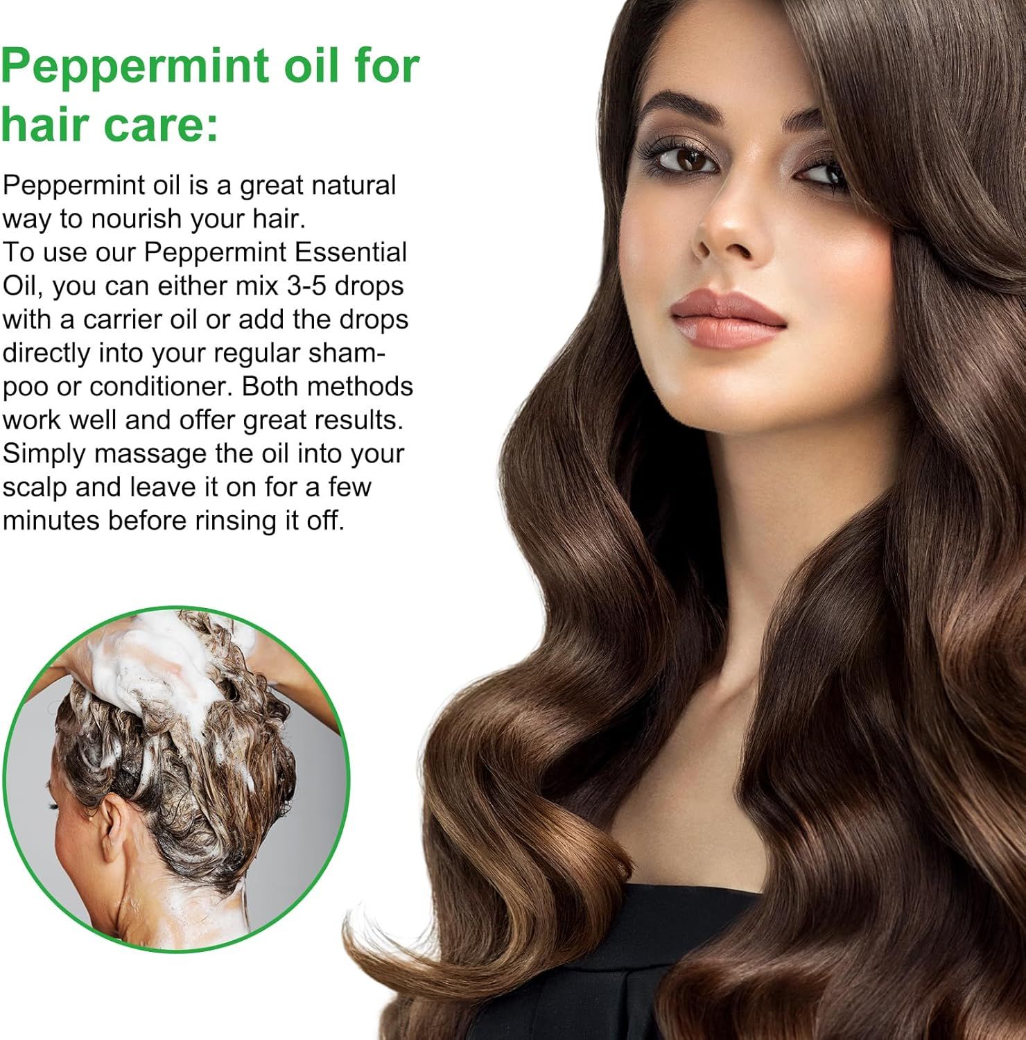 Donna con lunghi capelli castani. Testo: "Olio di menta piperita per la cura dei capelli". Applicazione dell'olio.