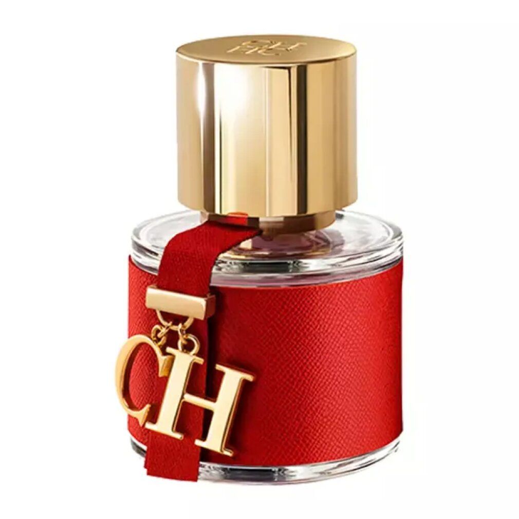 Flacone rotondo in vetro con fascia rossa e tappo dorato. Ciondolo dorato con "CH".