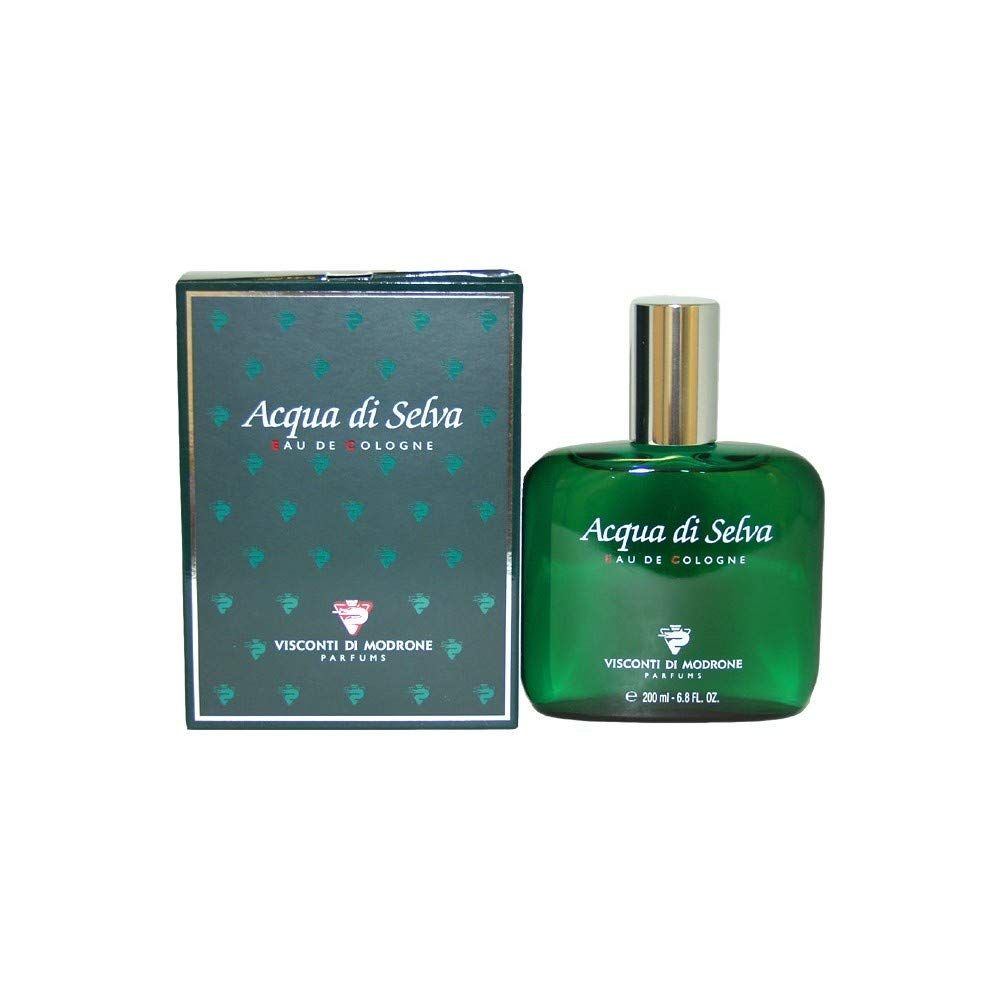 Flacone in vetro verde e scatola con testo Acqua di Selva Eau de Cologne. Logo e testo Visconti di Modrone Parfums.