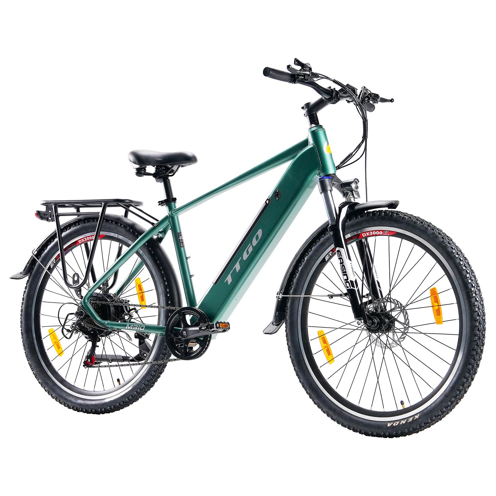 E-bike TTGO verde con portapacchi, sella e pneumatici neri. Riflettori gialli.