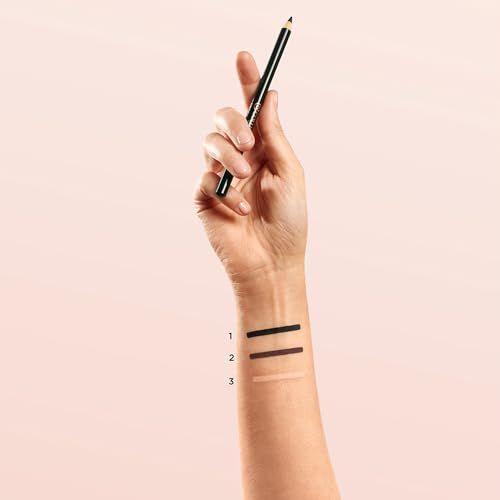 Mano che tiene una matita kajal. Tre tonalità sul braccio: nero, marrone, beige. Numerazione.