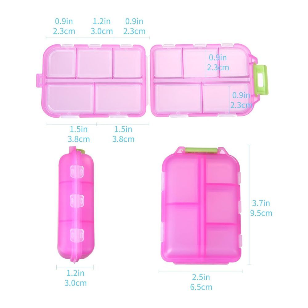Portapillole rosa con dimensioni: 25,4 x 6,5 cm (chiuso), altezza 9,5 cm.