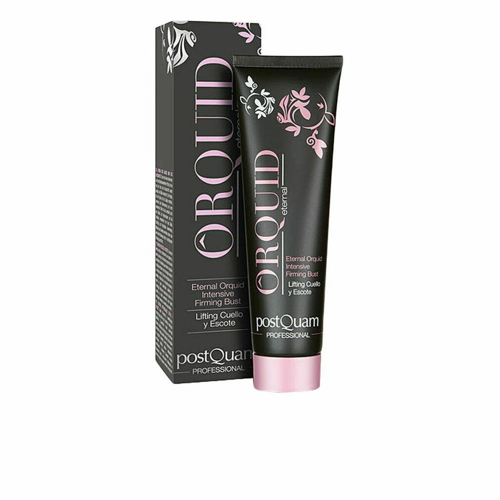 Tubo e scatola neri con nome del prodotto e design floreale. Testo: Eternal Orquid, Intensive Firming Bust, Lifting Cuello y Escote.