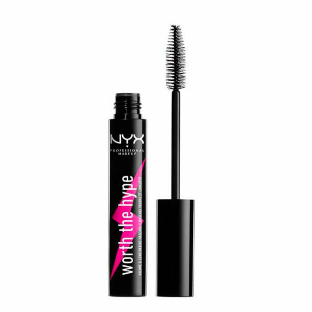 Tubo di mascara nero con spazzola. Scritta: Worth the Hype. Marchio: NYX Professional Makeup. Design fulmine rosa.