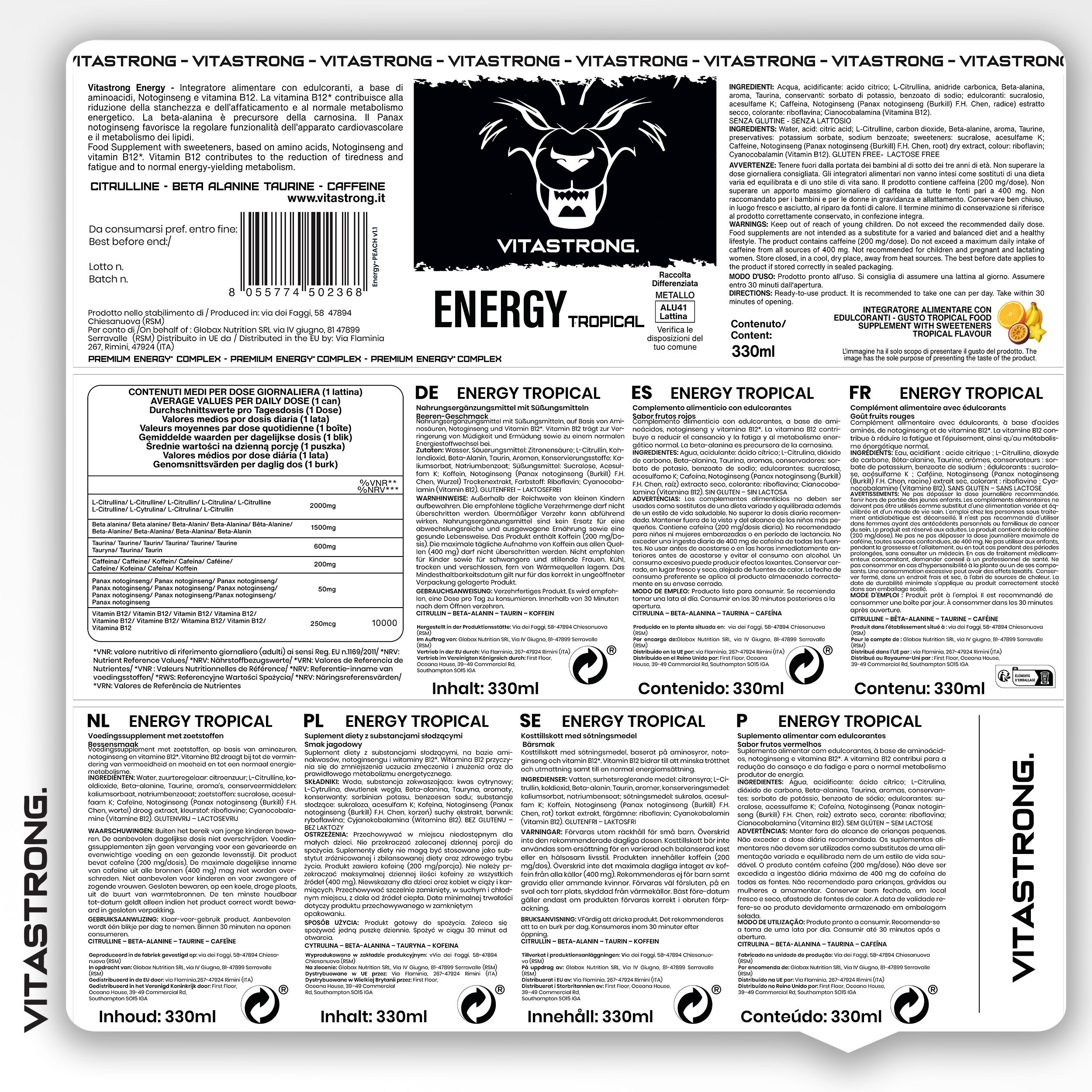 Confezione con testo in diverse lingue. Testo: ENERGY TROPICAL. Ingredienti, informazioni nutrizionali, informazioni produttore.